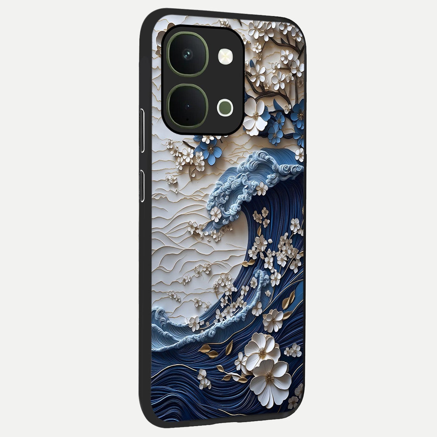 Floral Wave Origami Glass Case upright view showcasing creative floral origami artwork with artistic decorative theme.