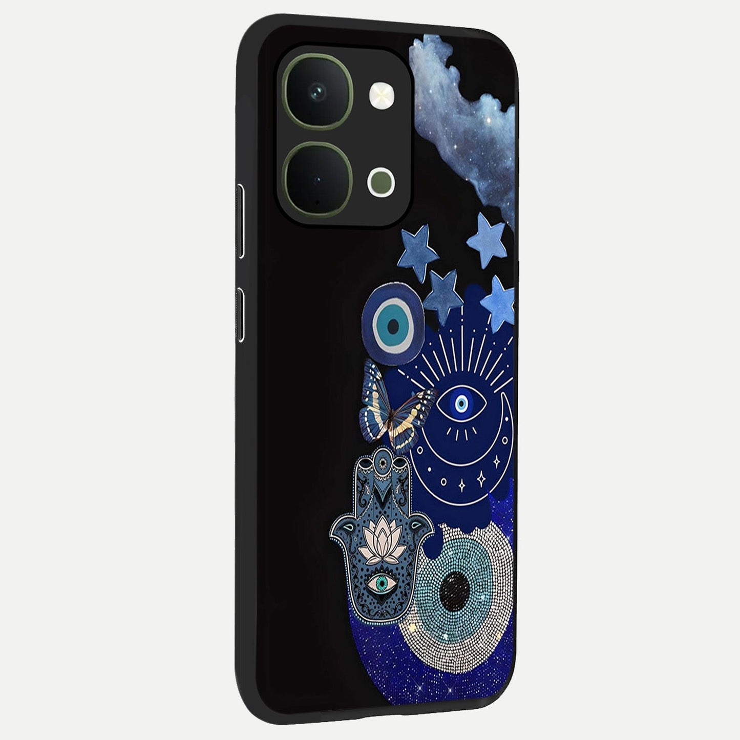 Galactic Charm Cluster Glass Case upright view showcasing glowing cosmic charm artwork with magical celestial style.