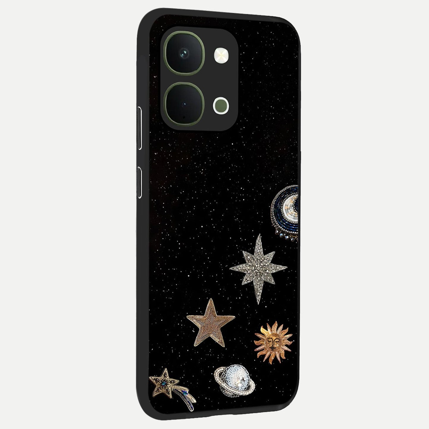 Galactic Charm Glow Glass Case upright view showcasing glowing cosmic charm artwork with magical celestial style.