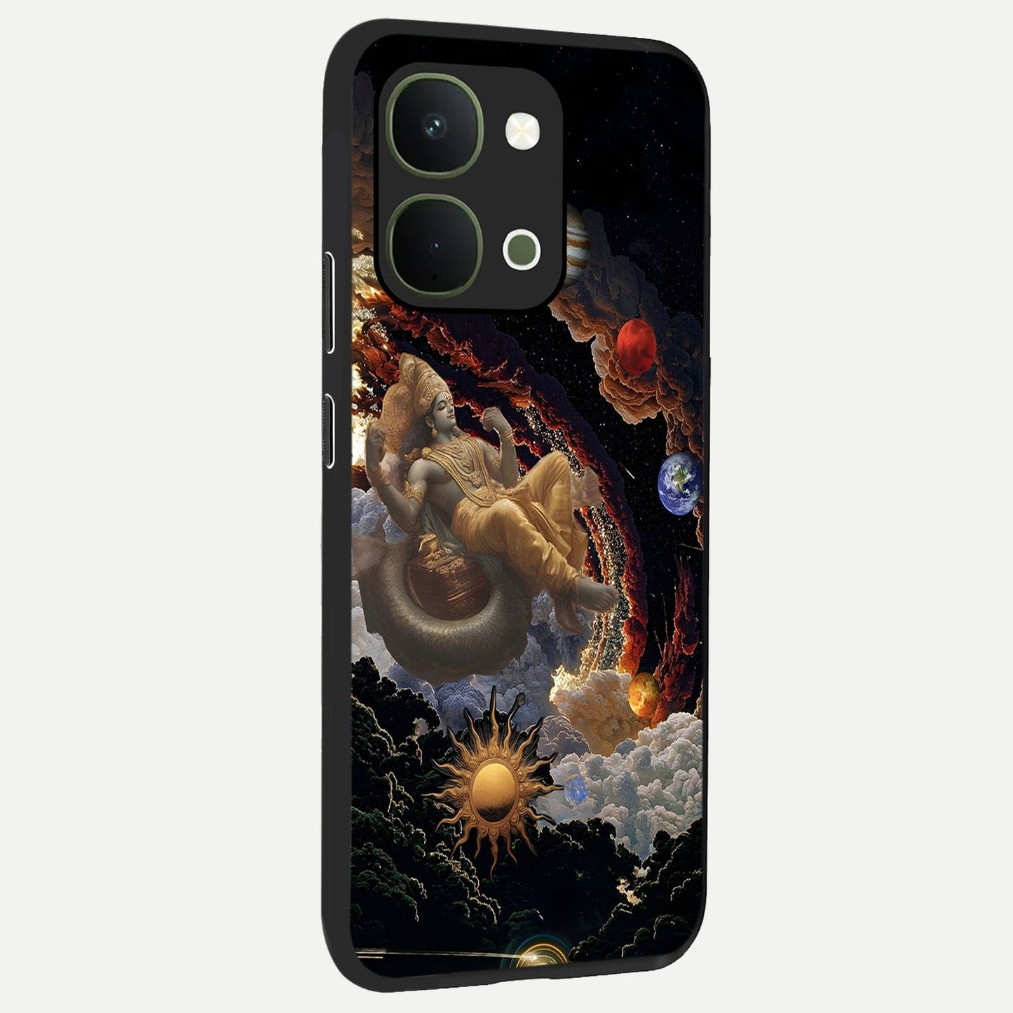 Galactic Divine God Glass Case upright view showcasing mystical divine artwork with dramatic cosmic theme.