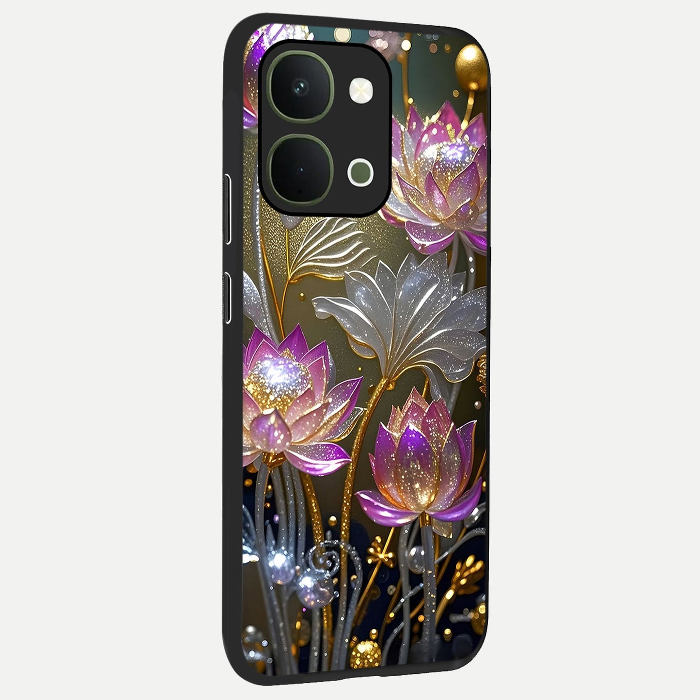 Golden Floral Majesty Glass Case upright view showcasing majestic floral artwork with rich decorative theme.