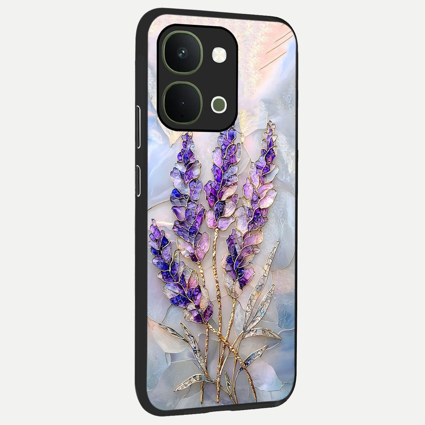 Lavender Dream Glow Glass Case upright view showcasing radiant lavender glow artwork with calming dreamy theme.