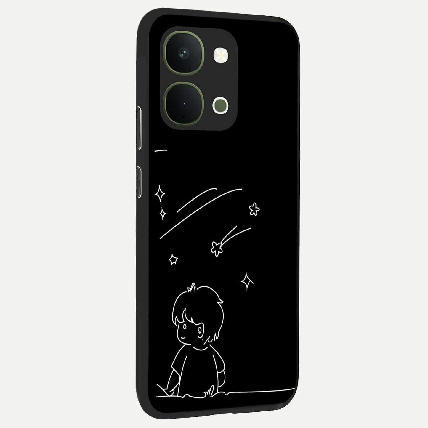 Line Art Boy With Shooting Stars Glass Case upright view showcasing artistic shooting star illustration with minimal style.