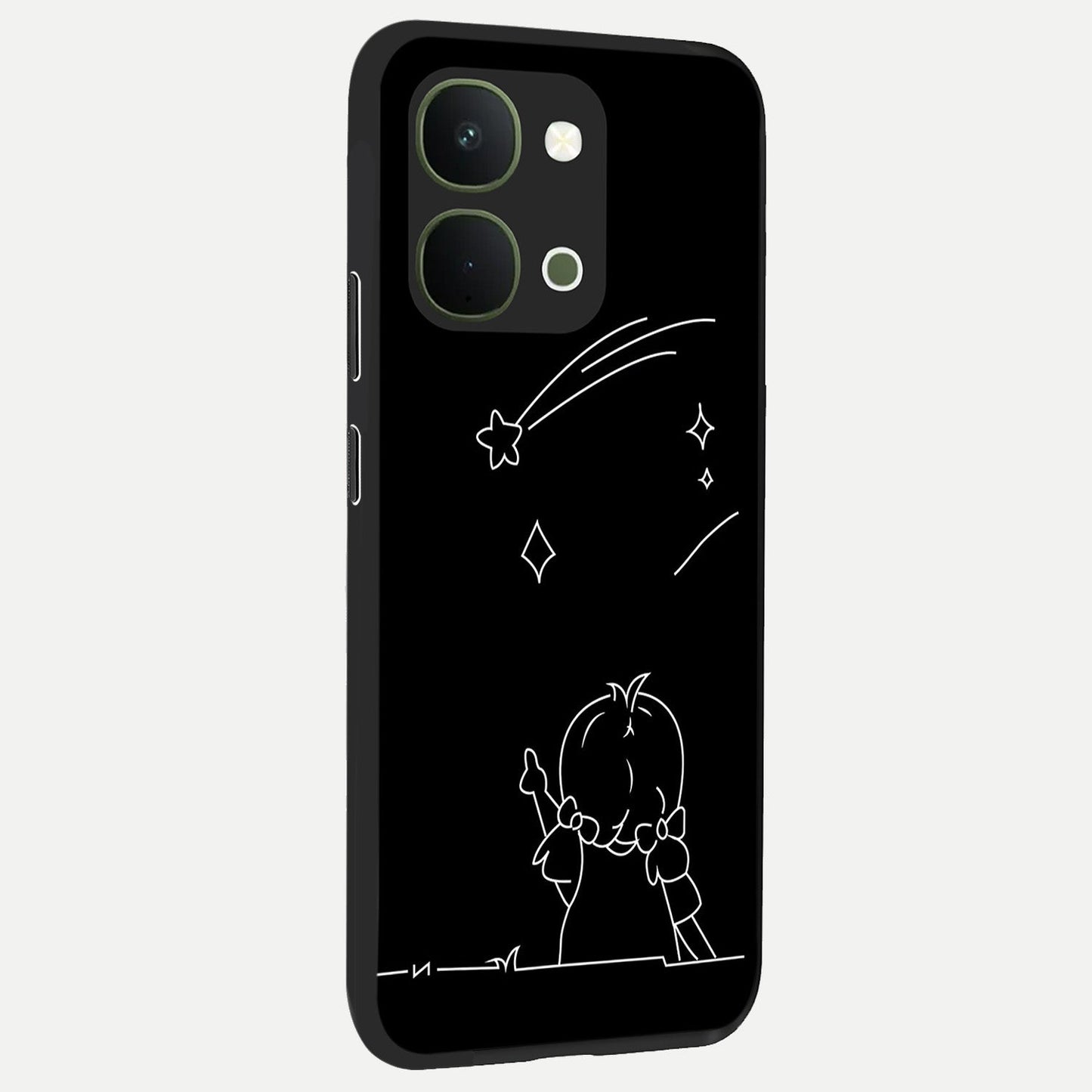 Line Art Girl With Shooting Stars Glass Case upright view showcasing delicate shooting stars artwork with minimal artistic theme.