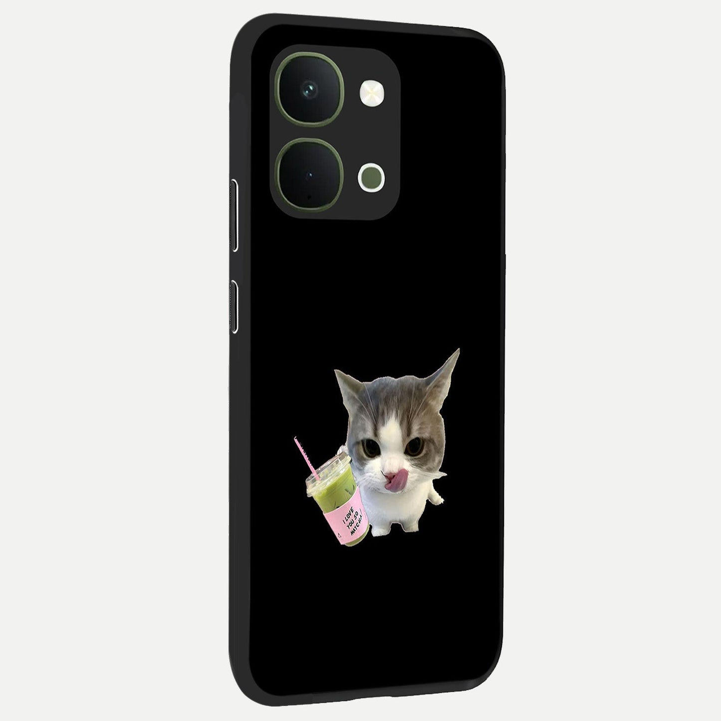 Matcha Cat Style Glass Case upright view showcasing charming cat artwork with cozy aesthetic theme.