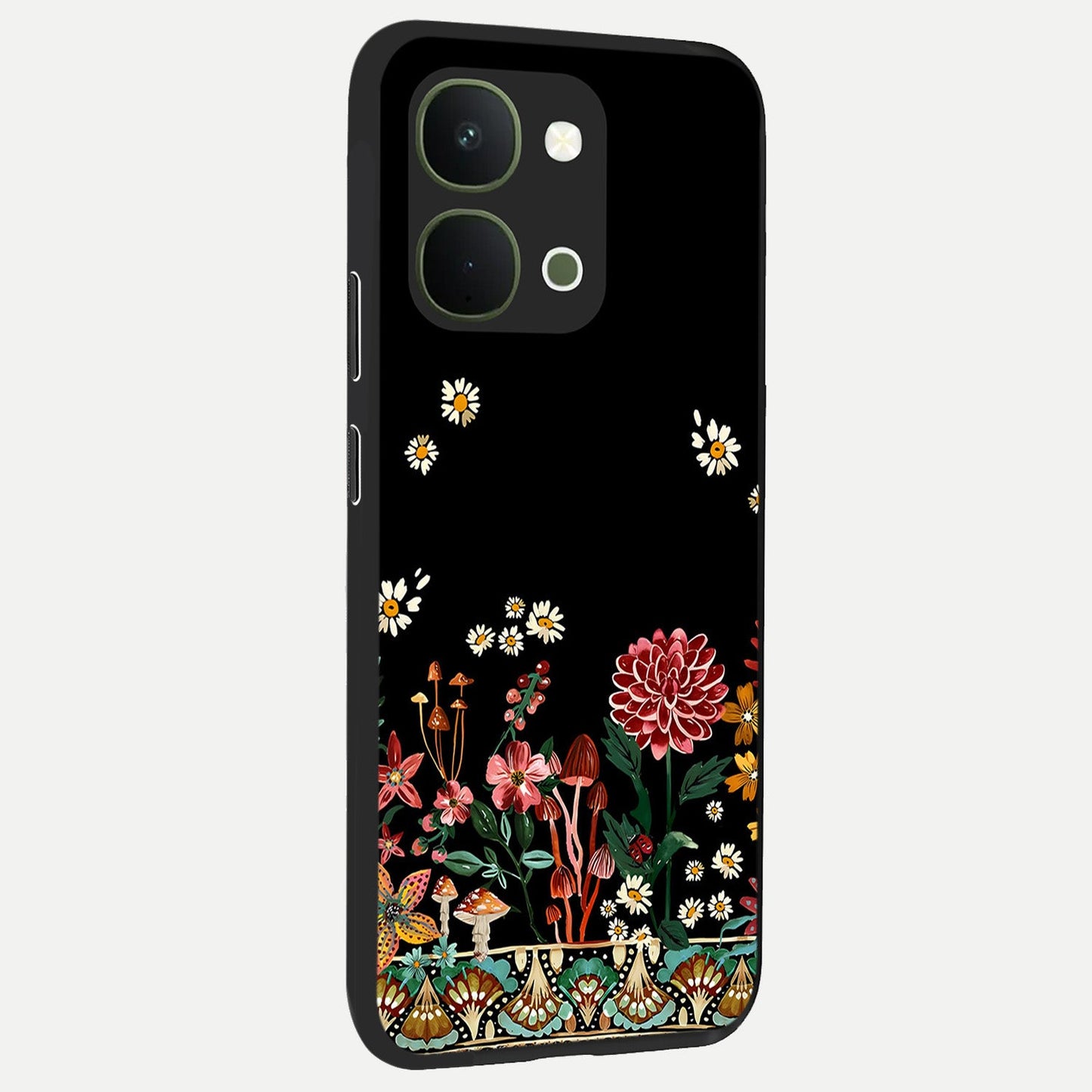 Midnight Bloom Pattern Glass Case upright view showcasing decorative floral artwork with deep night themed palette.