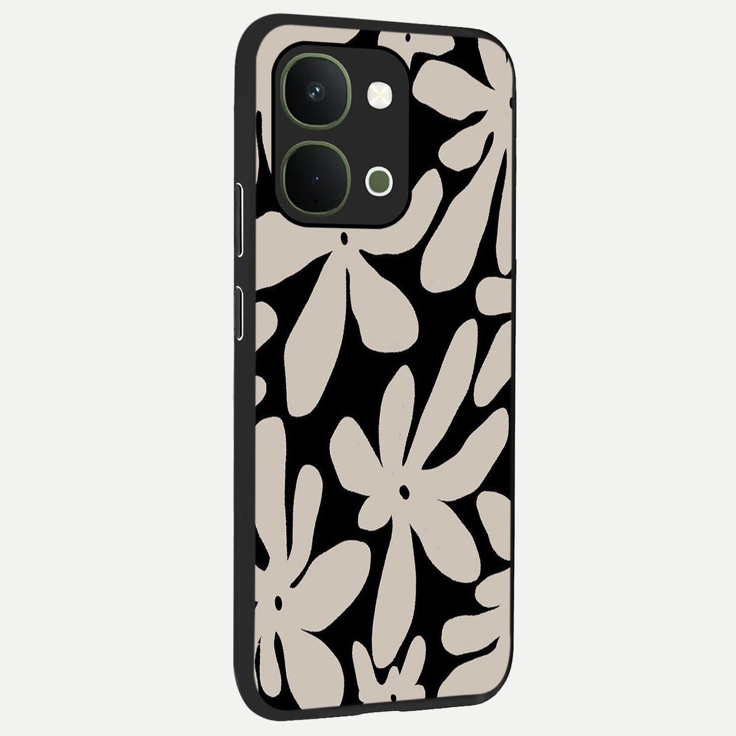 Monochrome Petal Dance Glass Case upright view showcasing artistic floral pattern with stylish monochrome theme.