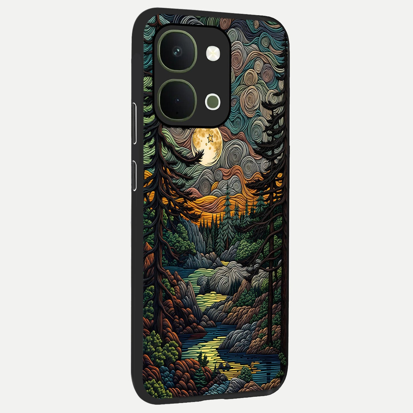 Moonlight Forest Dream Glass Case upright view showcasing magical forest artwork with calm night theme.