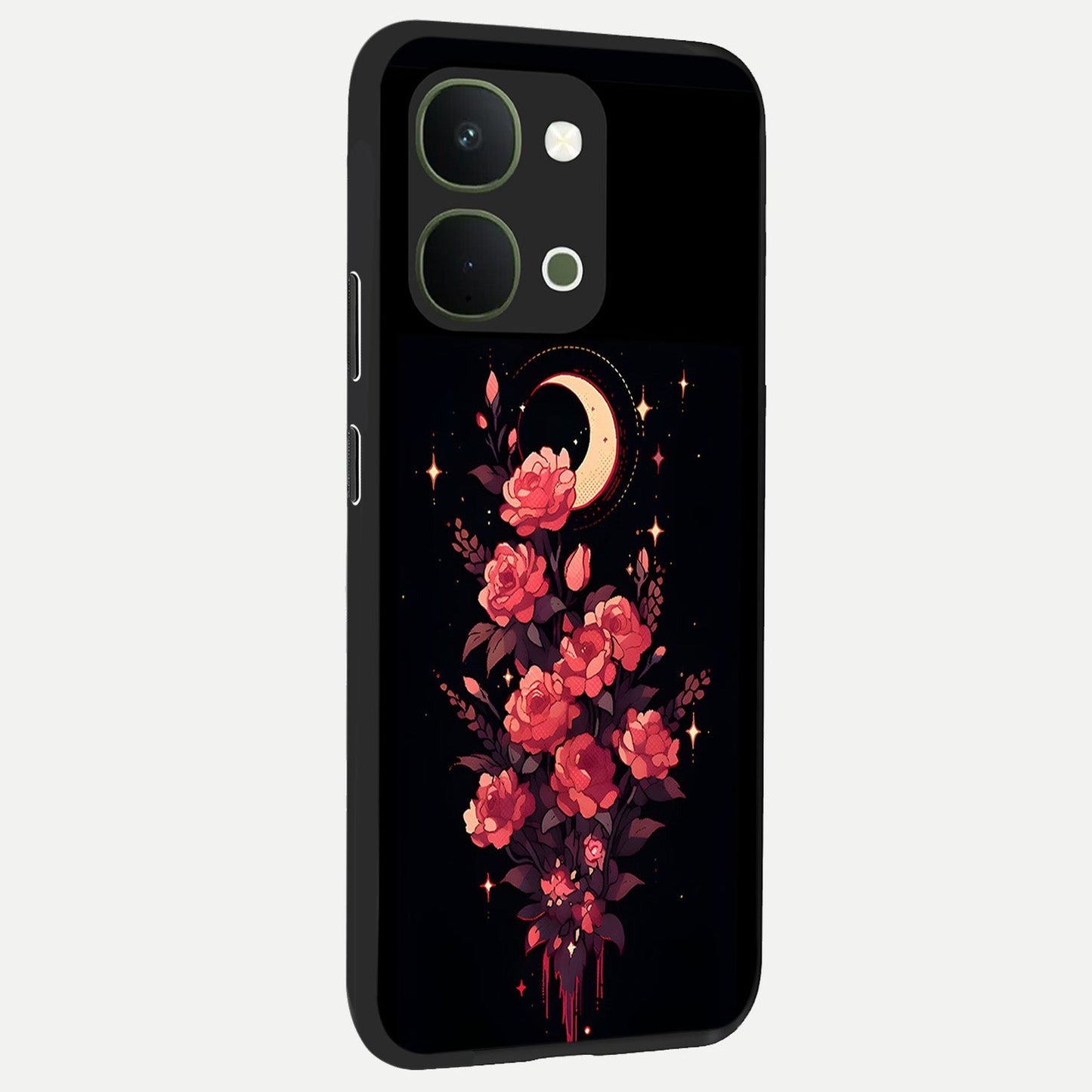 Moonlit Floral Elegance Glass Case upright view showcasing delicate floral artwork with refined night inspired theme.