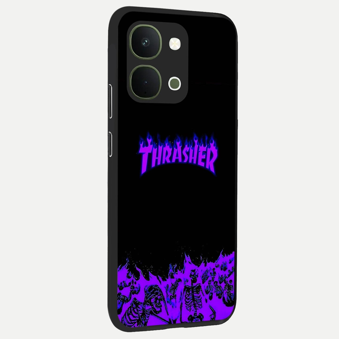 Neon Flame Riot Glass Case upright view showcasing dynamic flame artwork with energetic neon theme.
