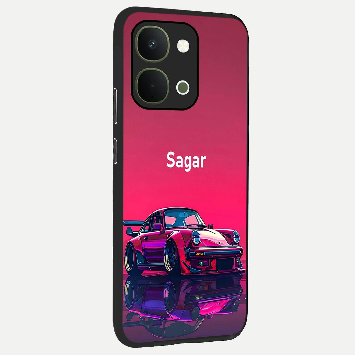 Neon Pink Porsche Glass Case upright view showcasing vibrant sports car artwork with bold automotive theme.