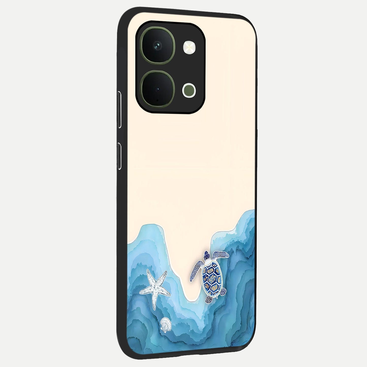 Ocean Drift Turtle Glass Case upright view showcasing calm underwater turtle artwork with nature inspired theme.