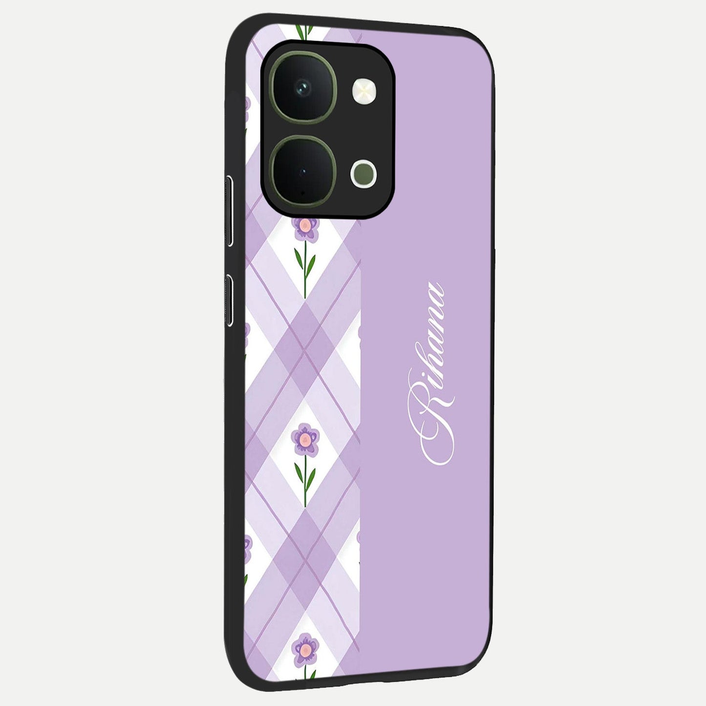 Purple Diamond Floral Glass Case upright view showcasing vibrant floral artwork with stylish geometric theme.