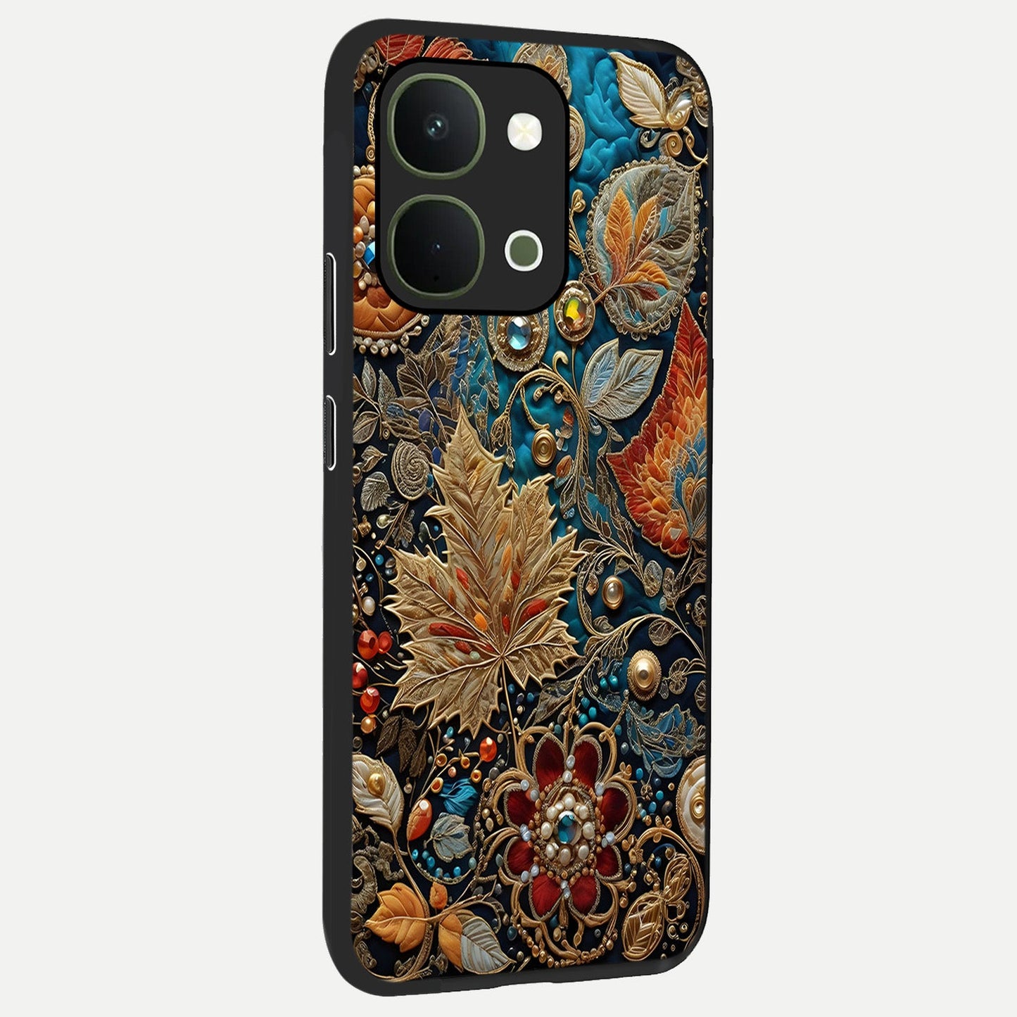 Royal Jewel Garden Glass Case upright view showcasing rich floral artwork with luxurious garden theme.