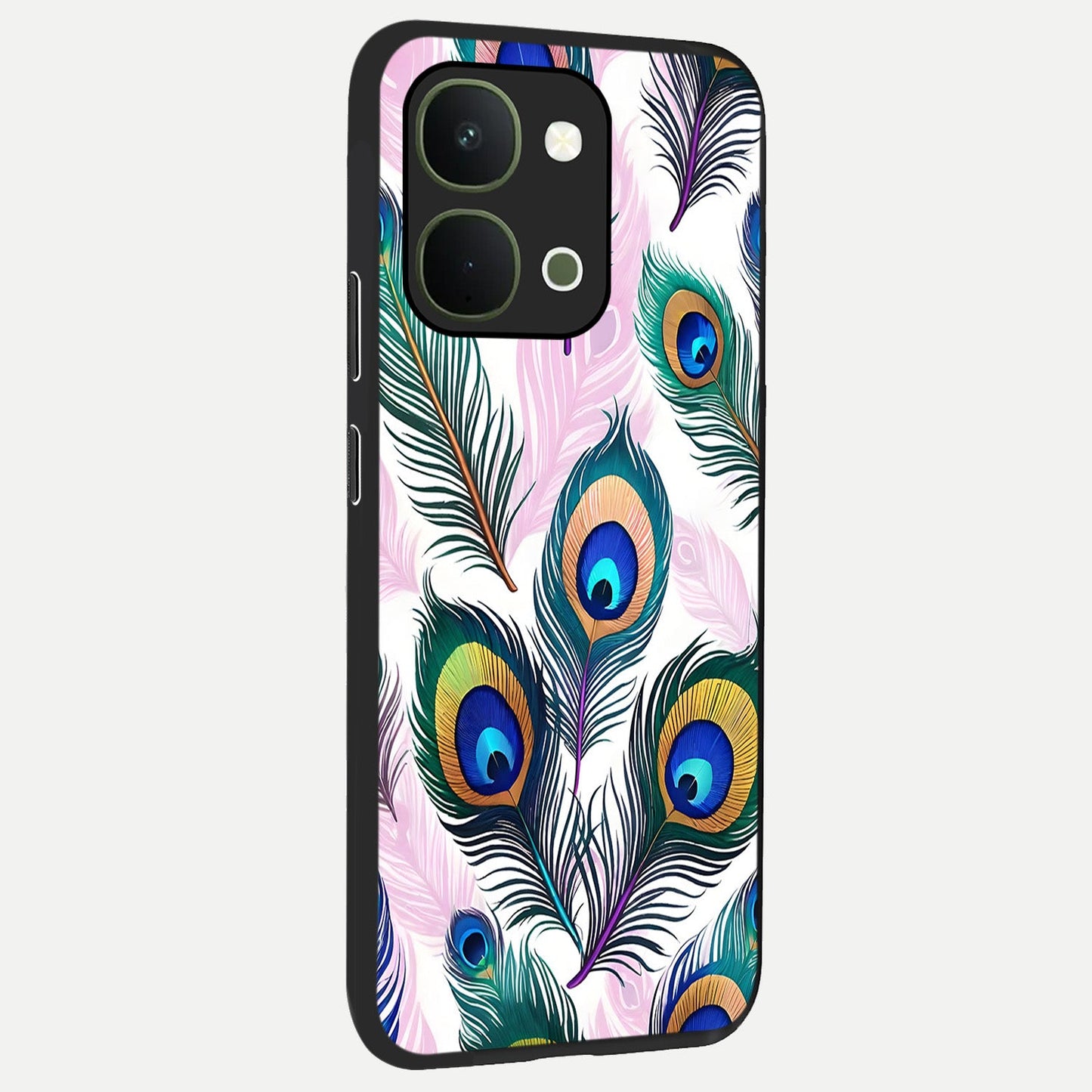 Royal Peacock Feathers Glass Case upright view showcasing elegant peacock feather artwork with decorative royal theme.