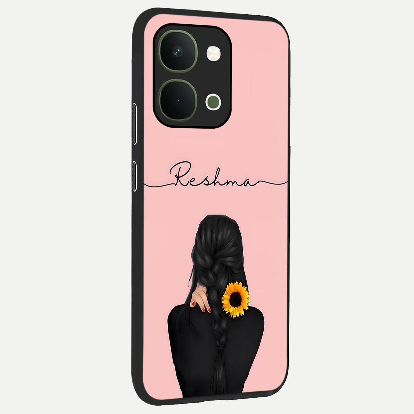Sunflower Braid Beauty With Custom Name Glass Case upright view showcasing bright sunflower artwork with personalized floral aesthetic.