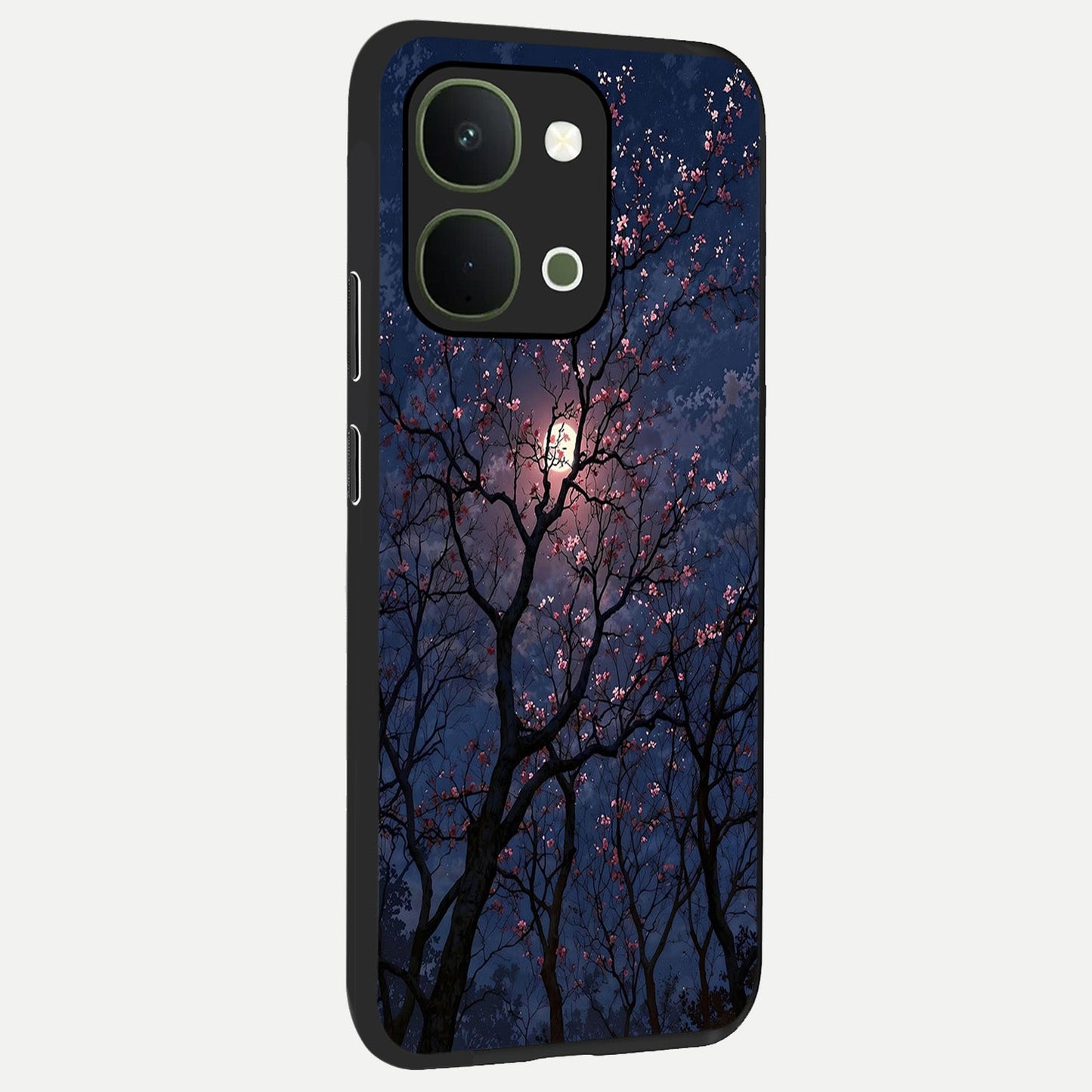 Twilight Sakura Serenade Glass Case upright view showcasing beautiful cherry blossom artwork with serene evening theme.