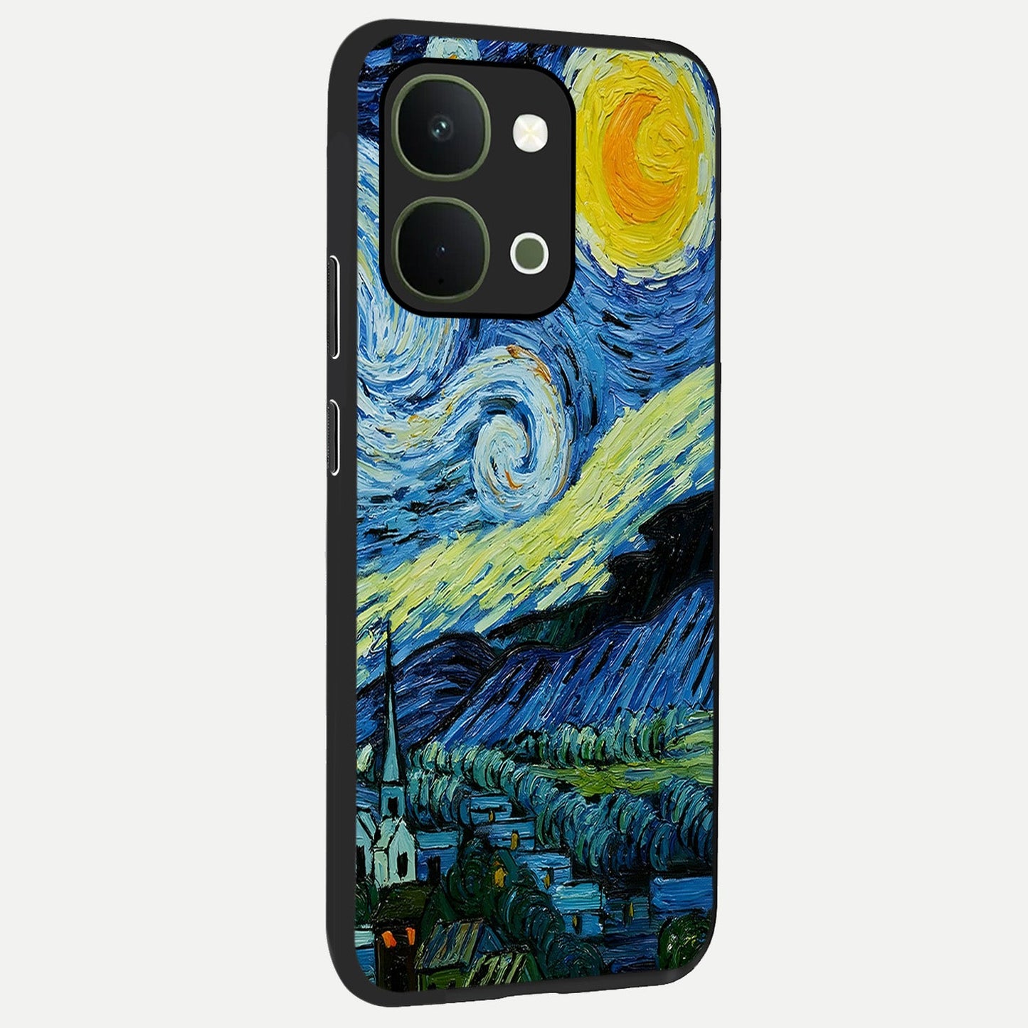 Van Gogh Art Glass Case upright view showcasing expressive painting style artwork with timeless artistic theme.
