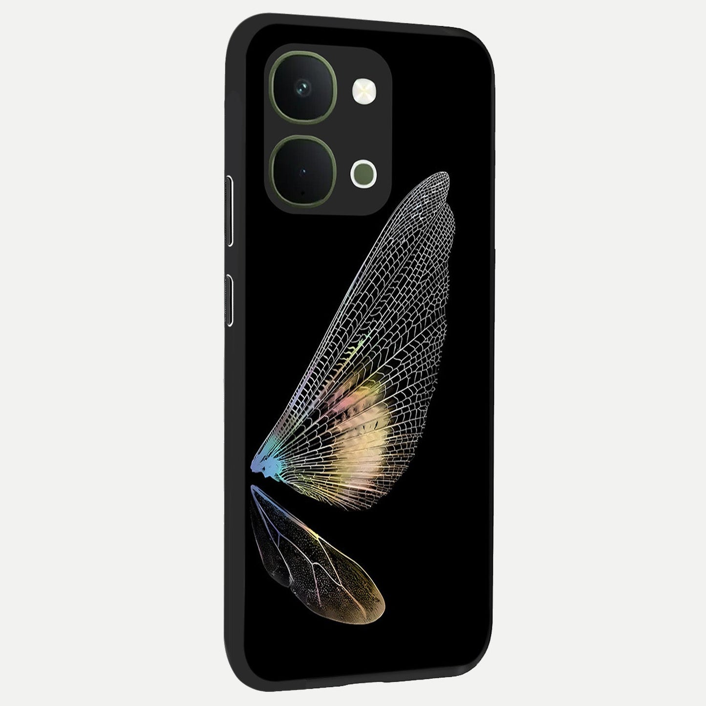 Whispers Of Wings Glass Case upright view showcasing elegant wing artwork with light airy theme.