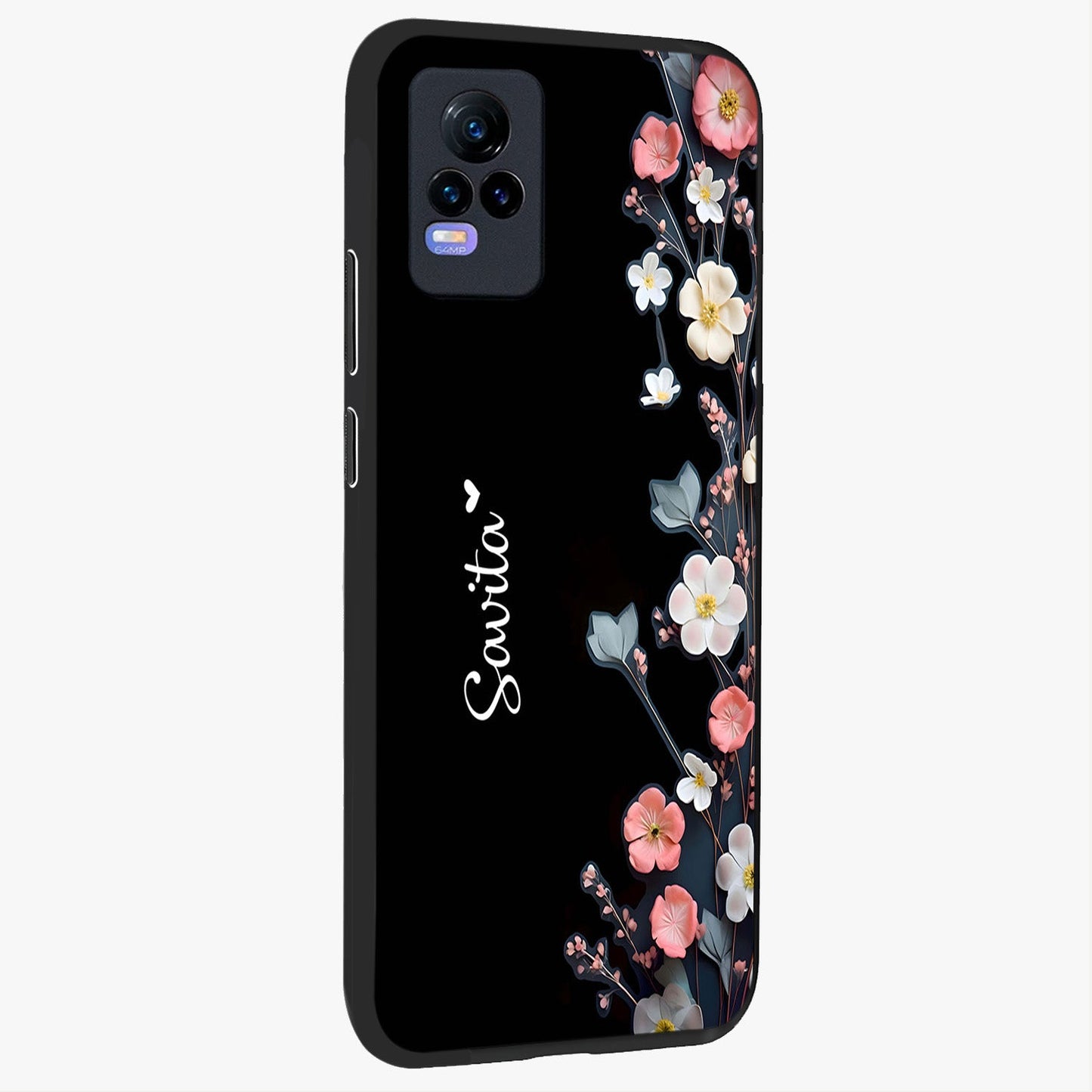 Black Elegance Floral Custom Name Glass Case upright view showcasing luxurious black floral design with personalized name detail.
