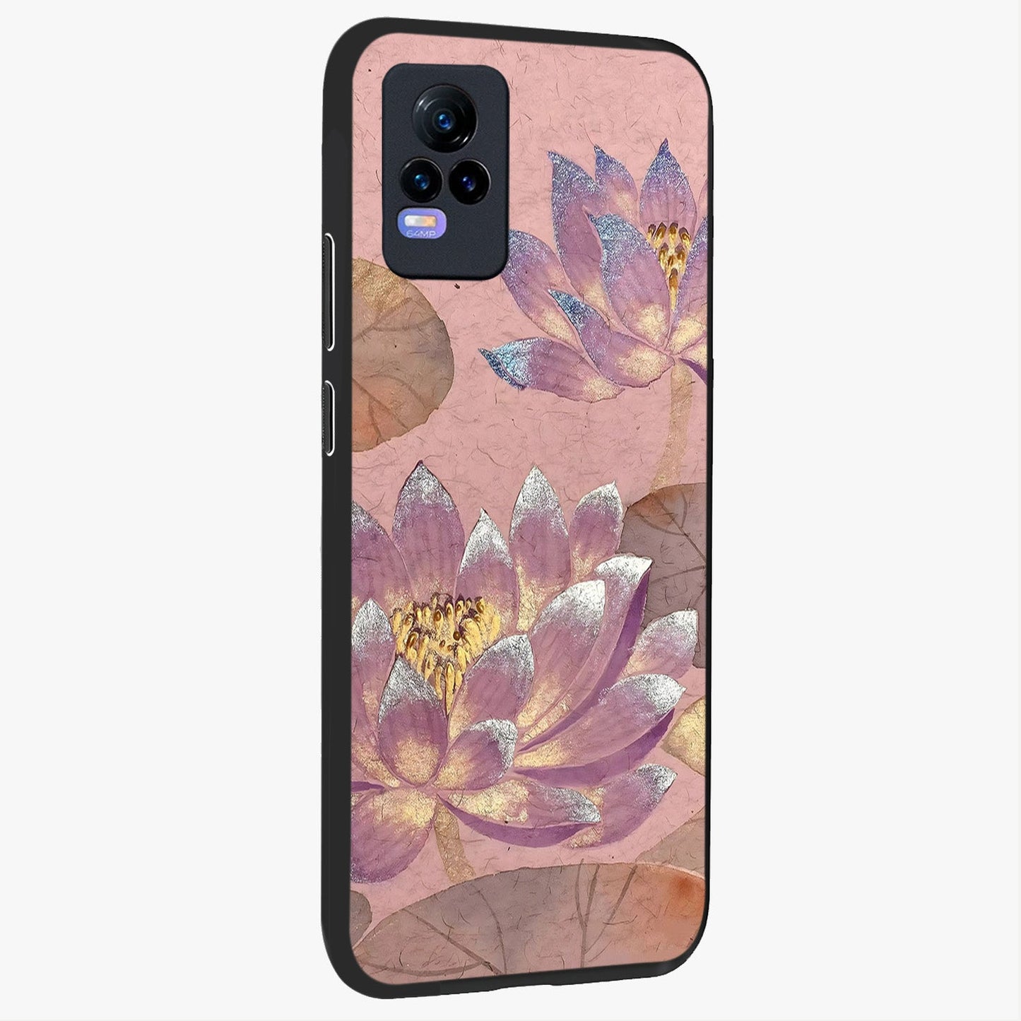 Blossom Mist Lotus Glass Case upright view showcasing graceful lotus flower design with peaceful botanical style.
