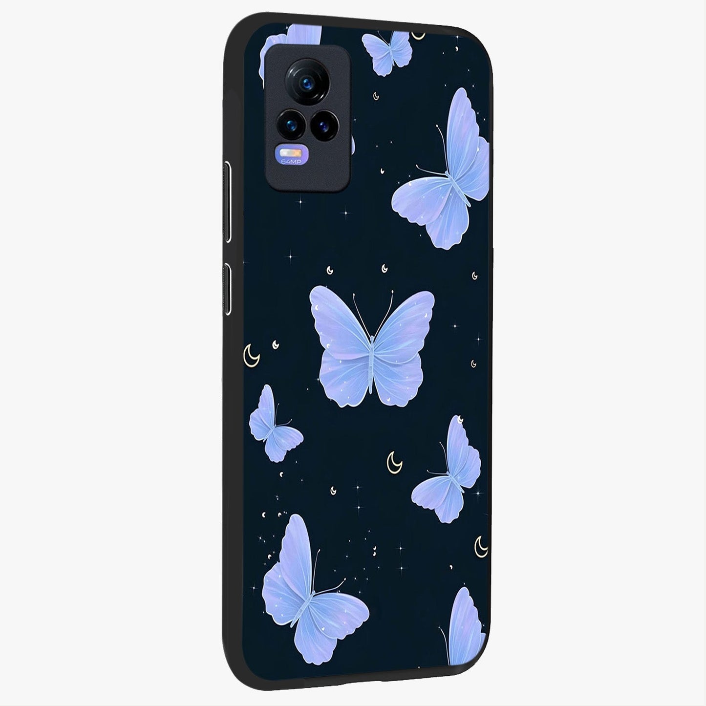 Butterfly With Stars Pattern Glass Case upright view showcasing celestial butterfly artwork with sparkling star elements.