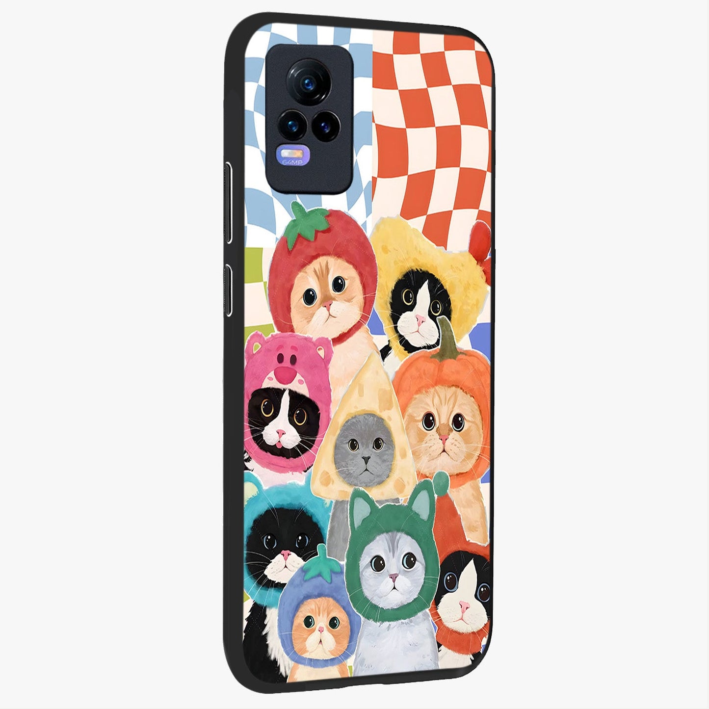 Cats in Fruits Glass Case upright view showcasing charming cat artwork with fun fruity theme.