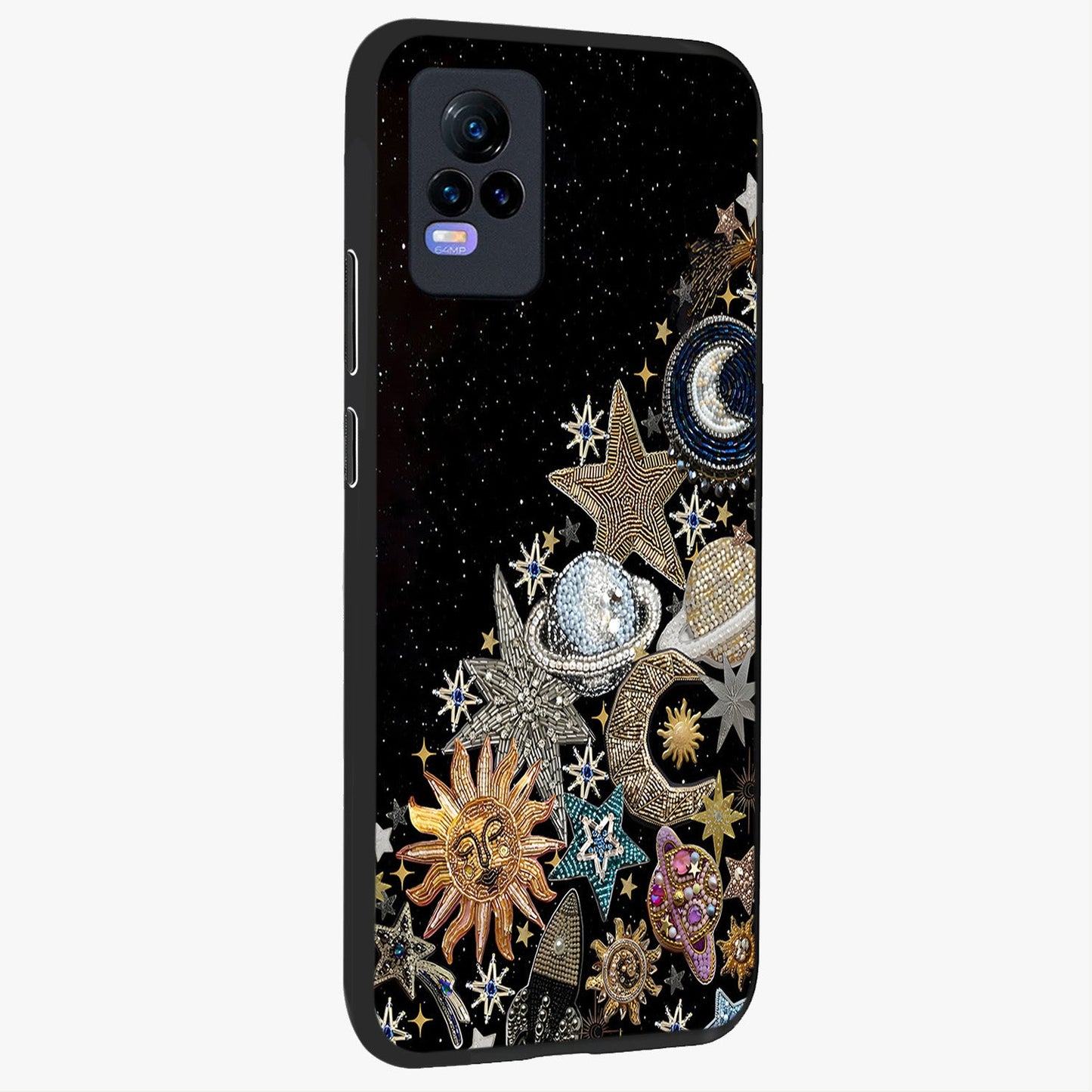 Cosmic Sparkle Dreams Glass Case upright view showcasing glowing cosmic artwork with magical galaxy theme.