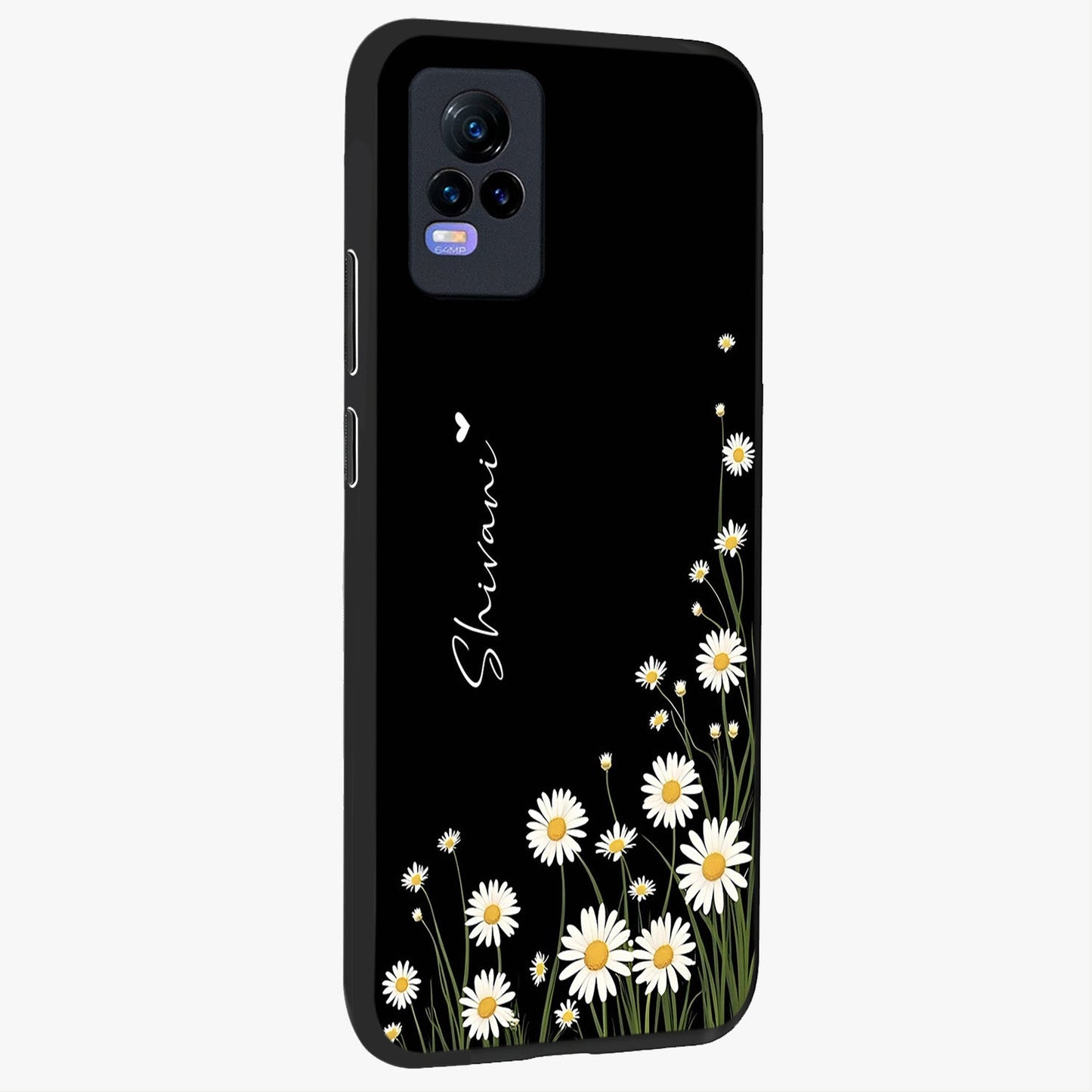 Daisy Cascade Custom Name Glass Case upright view showcasing elegant floral cascade design with personalized aesthetic.