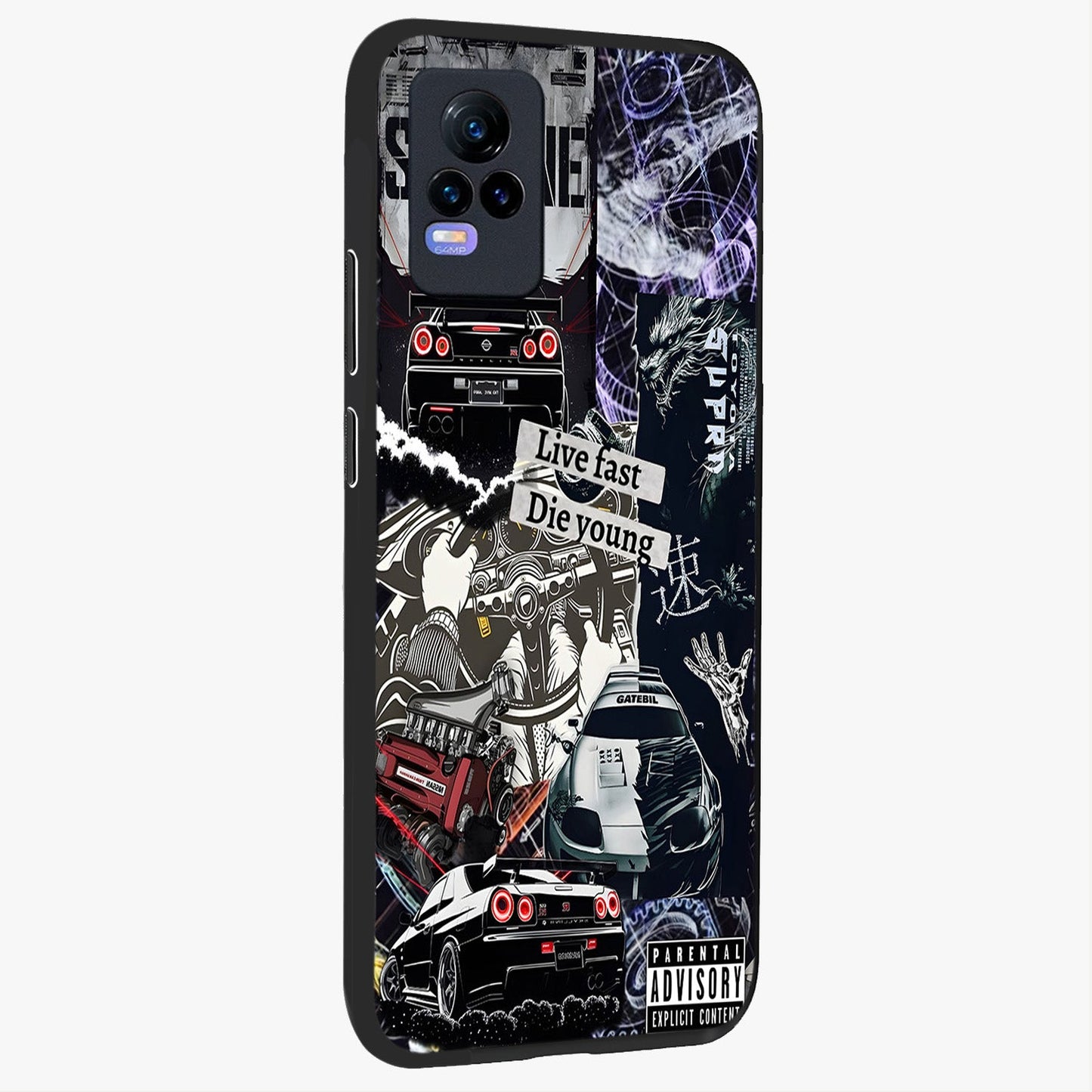 Die Young Glass Case upright view showcasing striking typography artwork with modern statement theme.