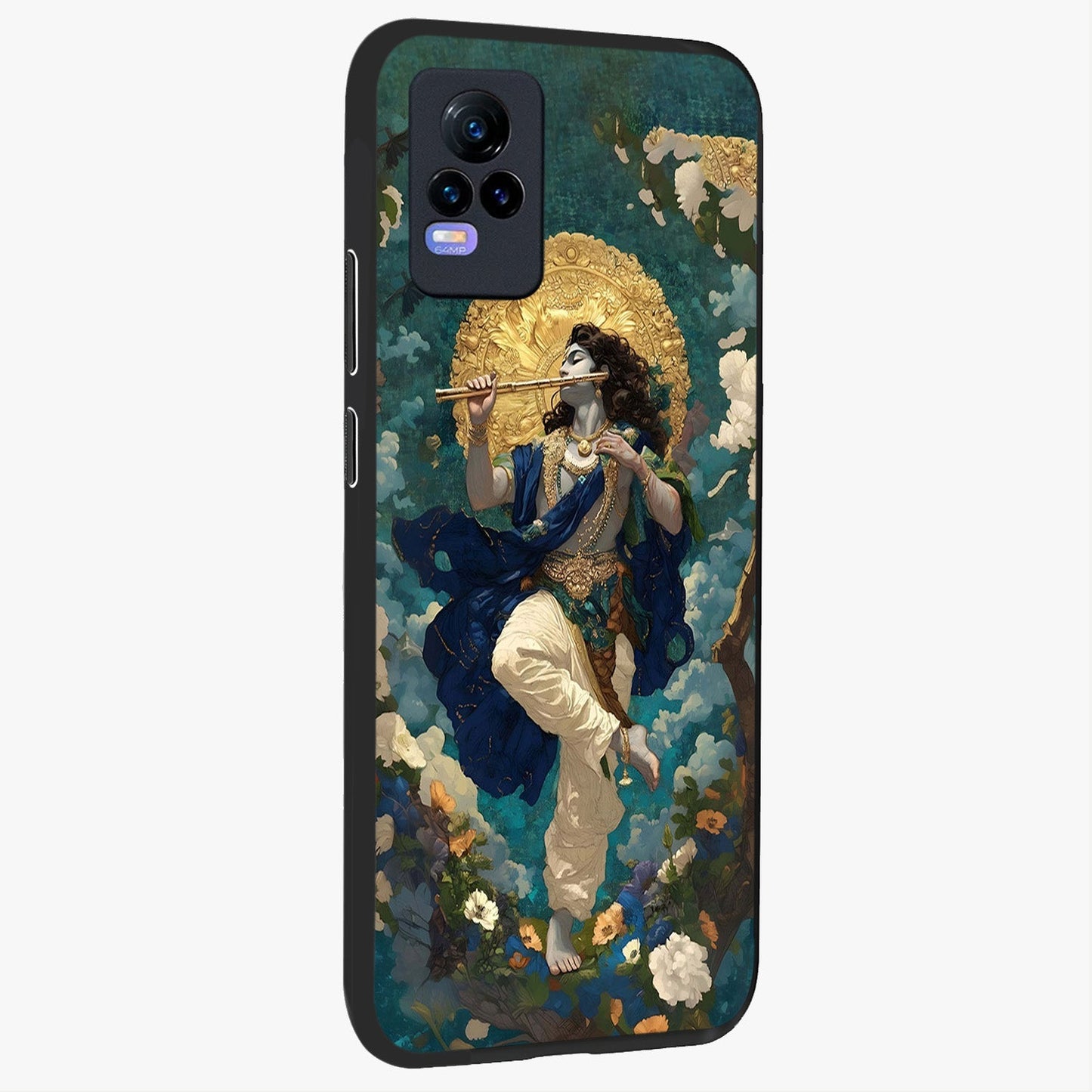 Divine Krishna Art Glass Case upright view showcasing divine Krishna artwork with sacred artistic theme.