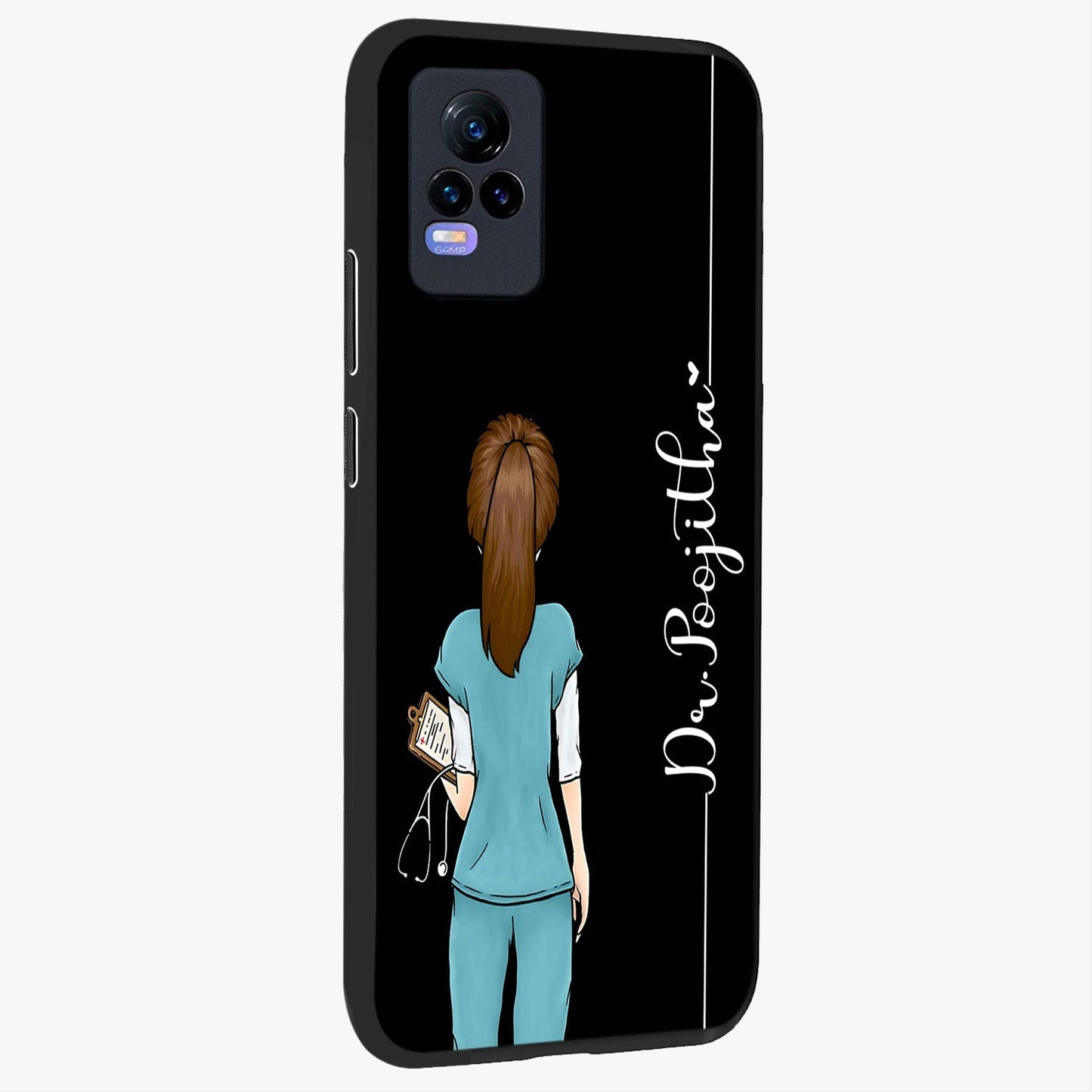 Doctor Pattern Custom Name Glass Case upright view showcasing healthcare themed design with personalized aesthetic.