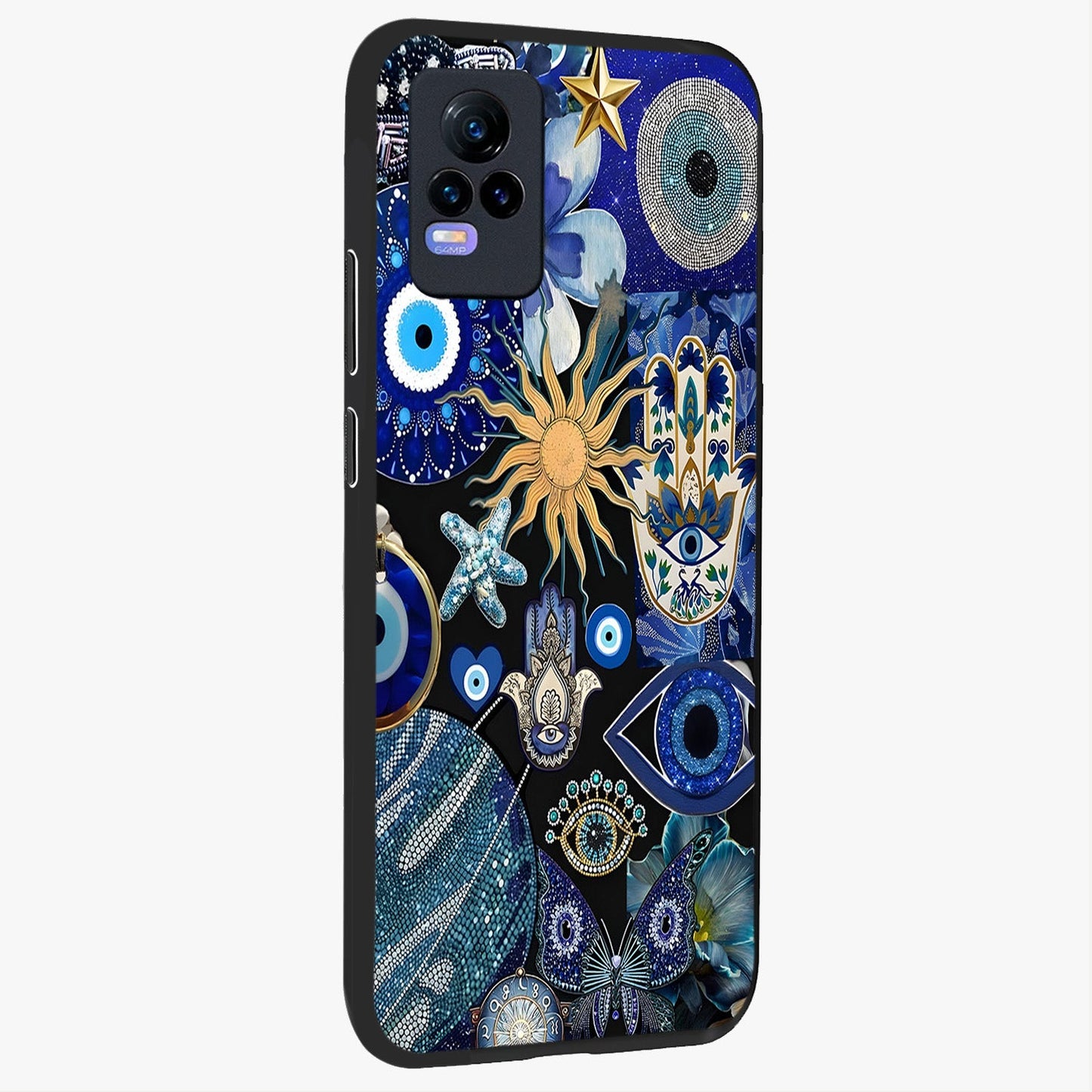 Evil Eye Charm Mix Glass Case upright view showcasing mystical evil eye pattern with vibrant decorative style.