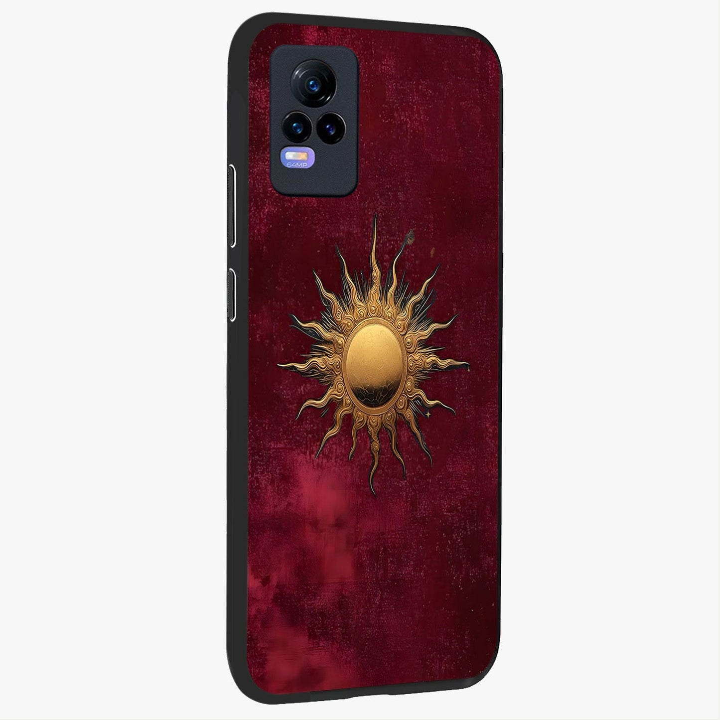Golden Sun Minimalism Glass Case upright view showcasing simple golden sun artwork with elegant minimalist style.
