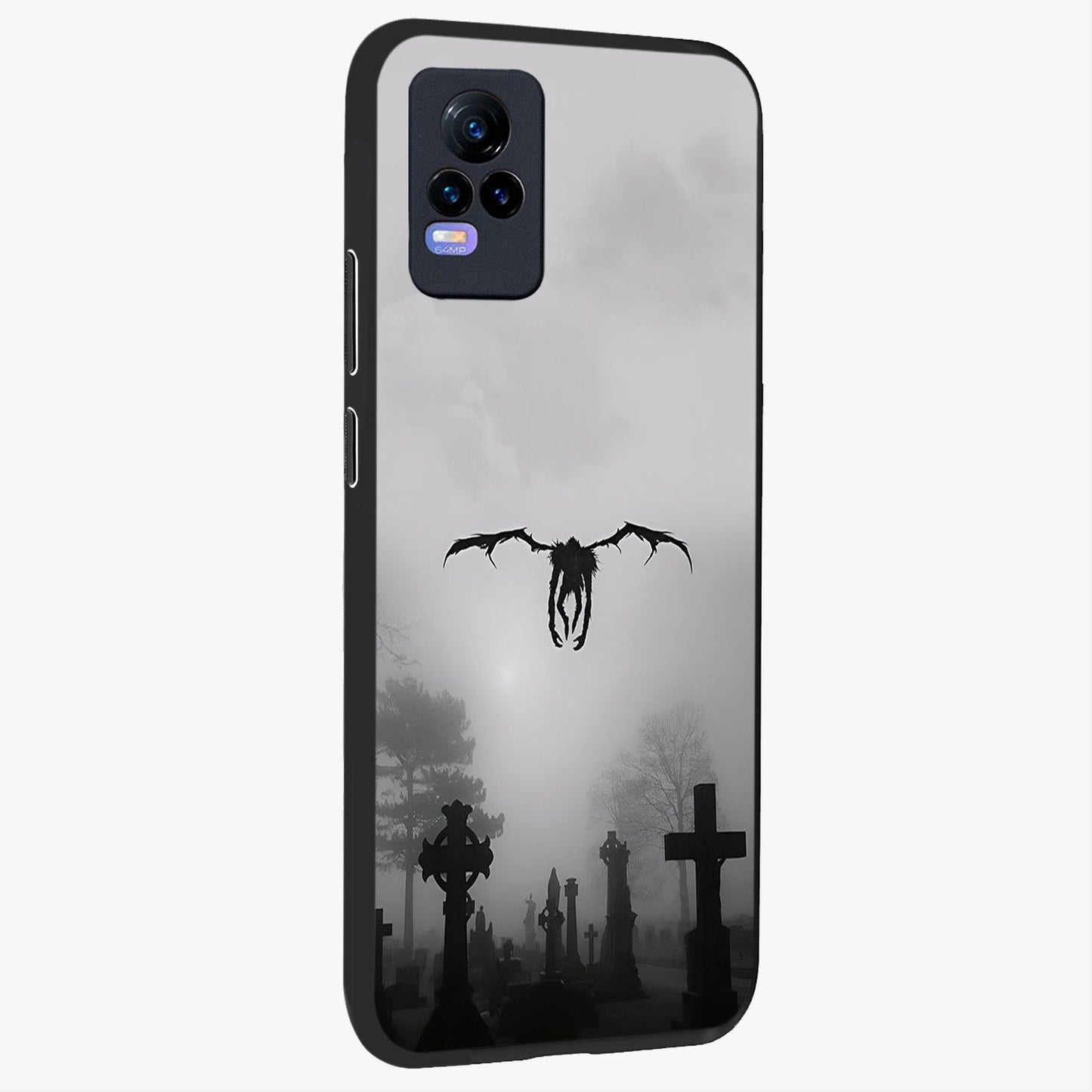 Graveyard Shadow Descent Glass Case upright view showcasing haunting graveyard artwork with dramatic dark theme.