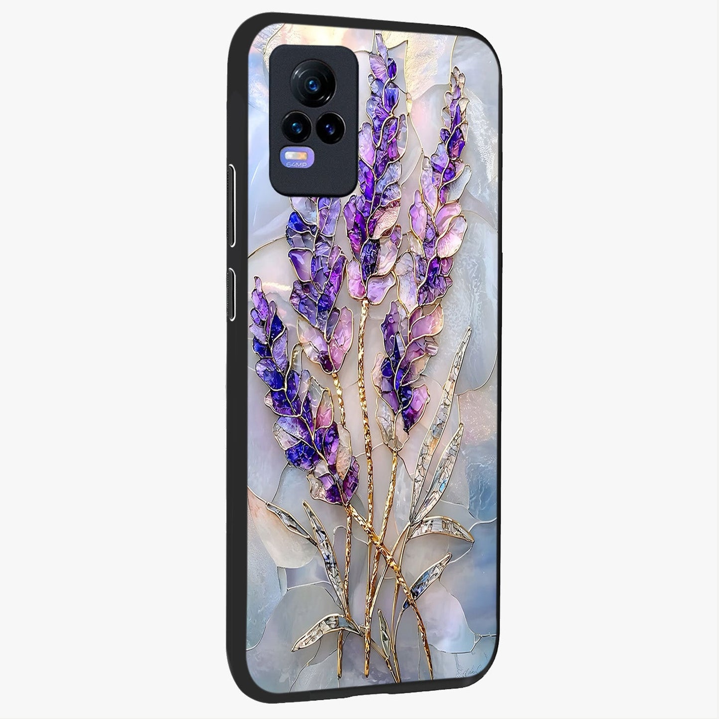 Lavender Dream Glow Glass Case upright view showcasing radiant lavender glow artwork with calming dreamy theme.