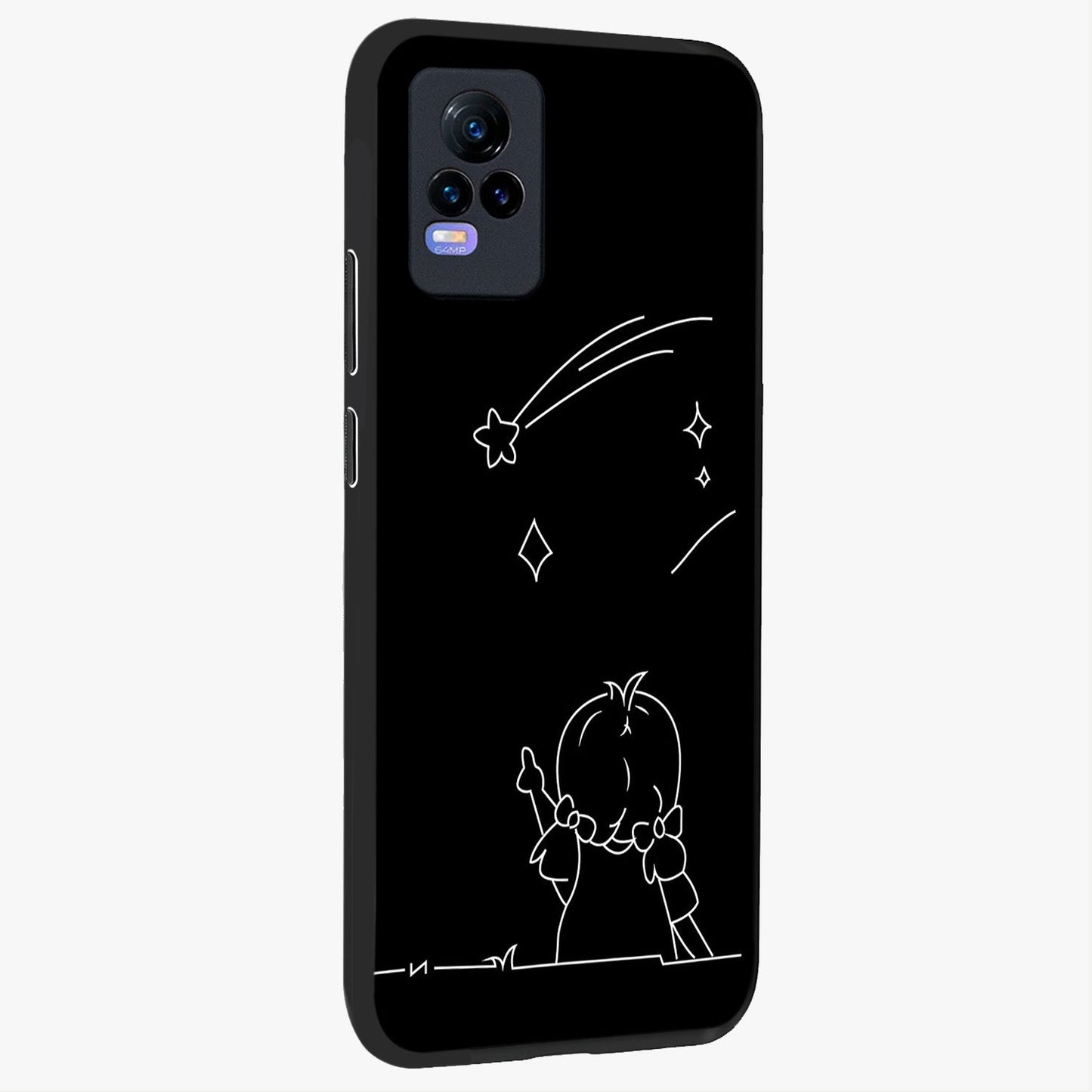 Line Art Girl With Shooting Stars Glass Case upright view showcasing delicate shooting stars artwork with minimal artistic theme.