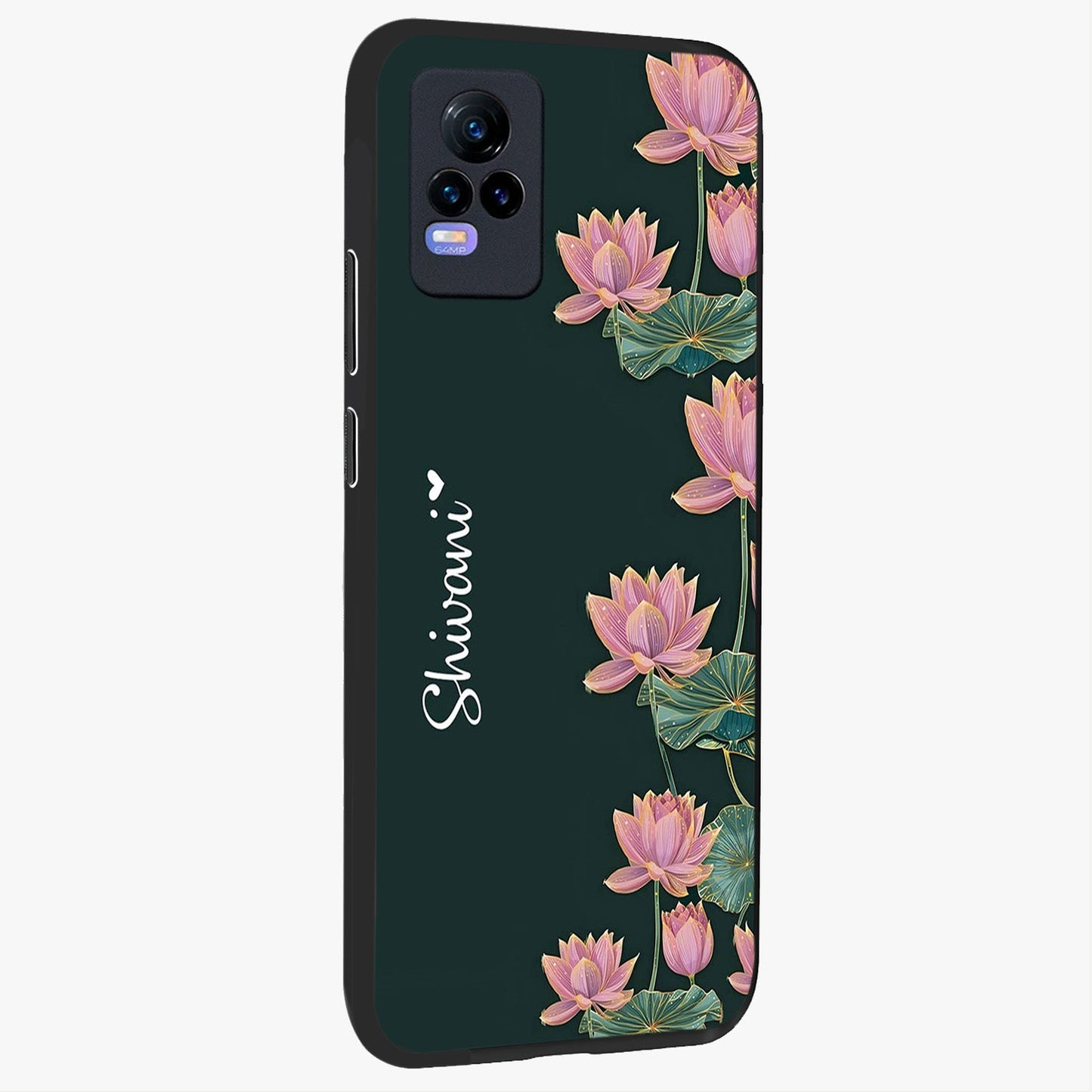 Lotus Bloom Serenity Custom Name Glass Case upright view showcasing serene lotus bloom artwork with personalized floral aesthetic.