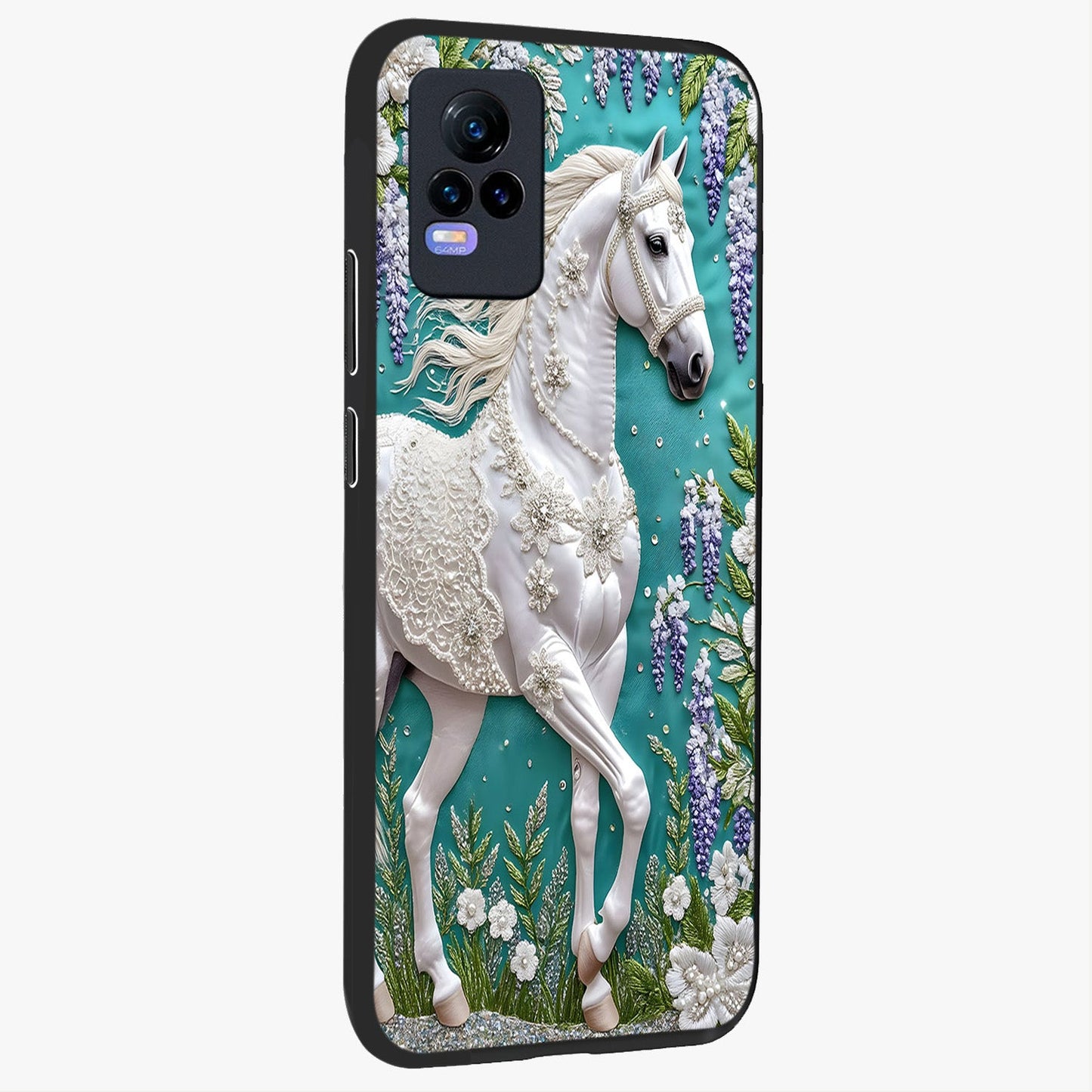 Majestic Floral Stallion Glass Case upright view showcasing dramatic horse artwork with decorative floral theme.