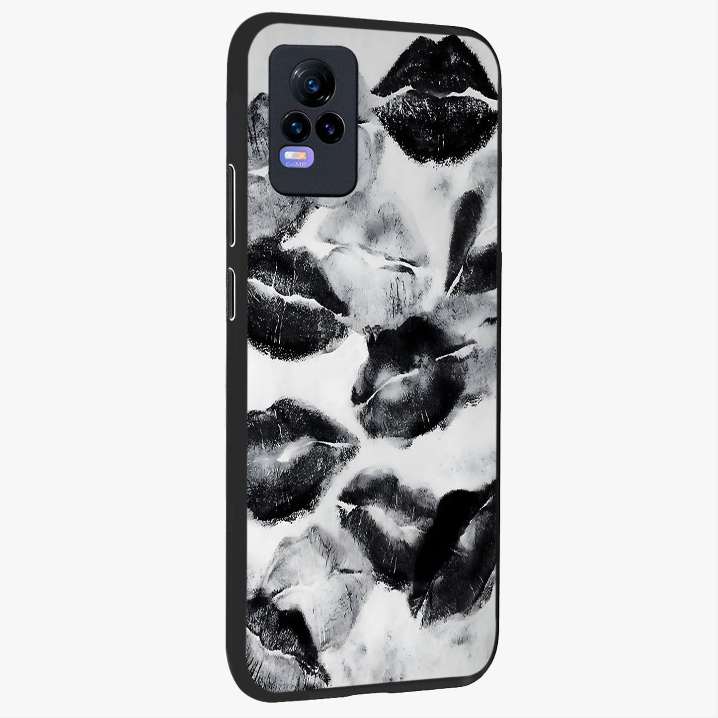 Midnight Kiss Marks Glass Case upright view showcasing stylish kiss mark artwork with trendy romantic theme.