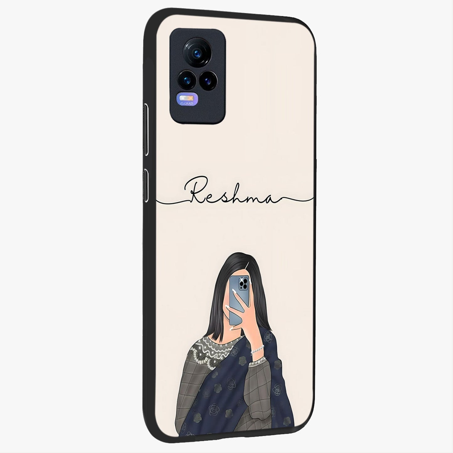 Mirror Mood Muse With Custom Name Glass Case upright view showcasing artistic mirror themed artwork with personalized aesthetic.