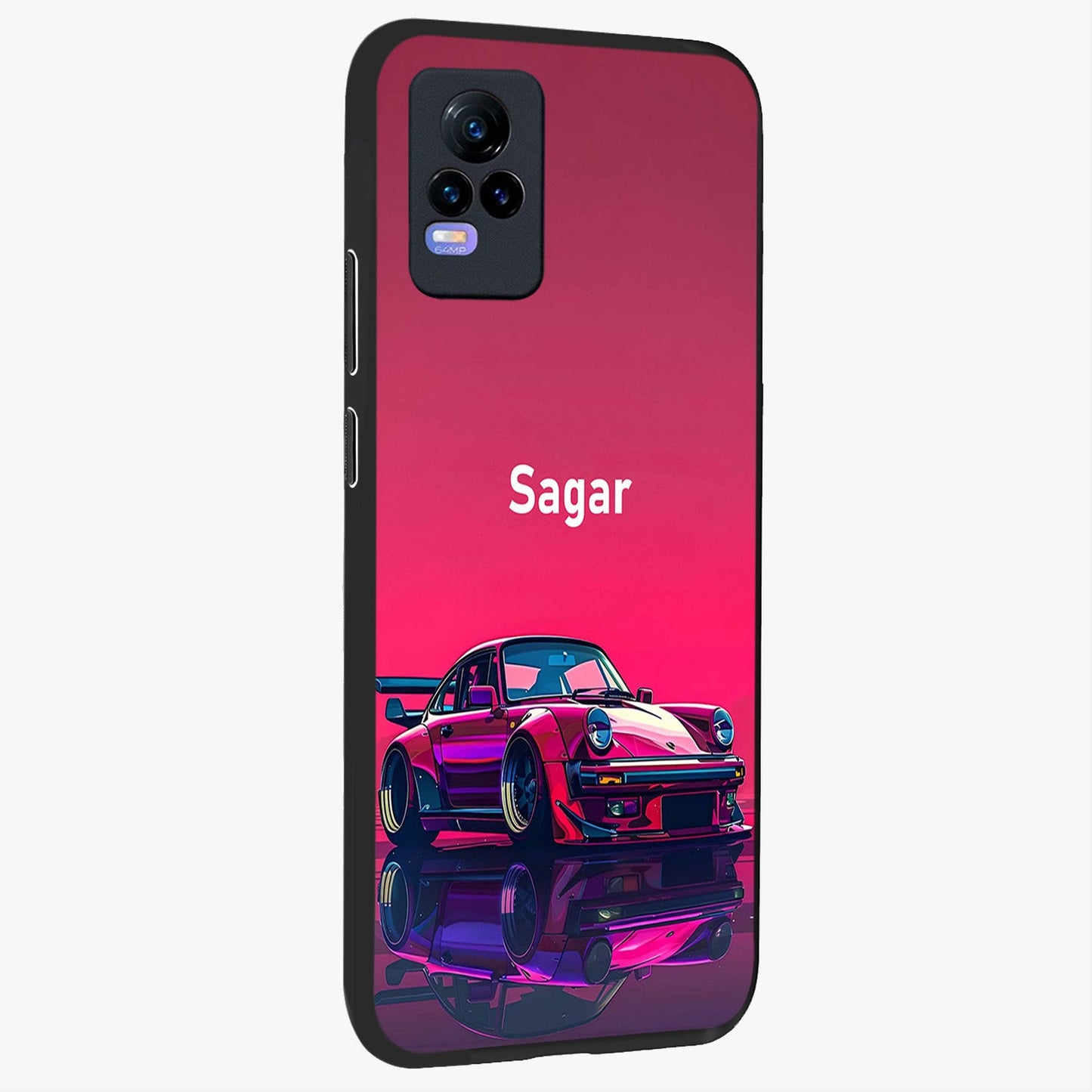 Neon Pink Porsche Glass Case upright view showcasing vibrant sports car artwork with bold automotive theme.