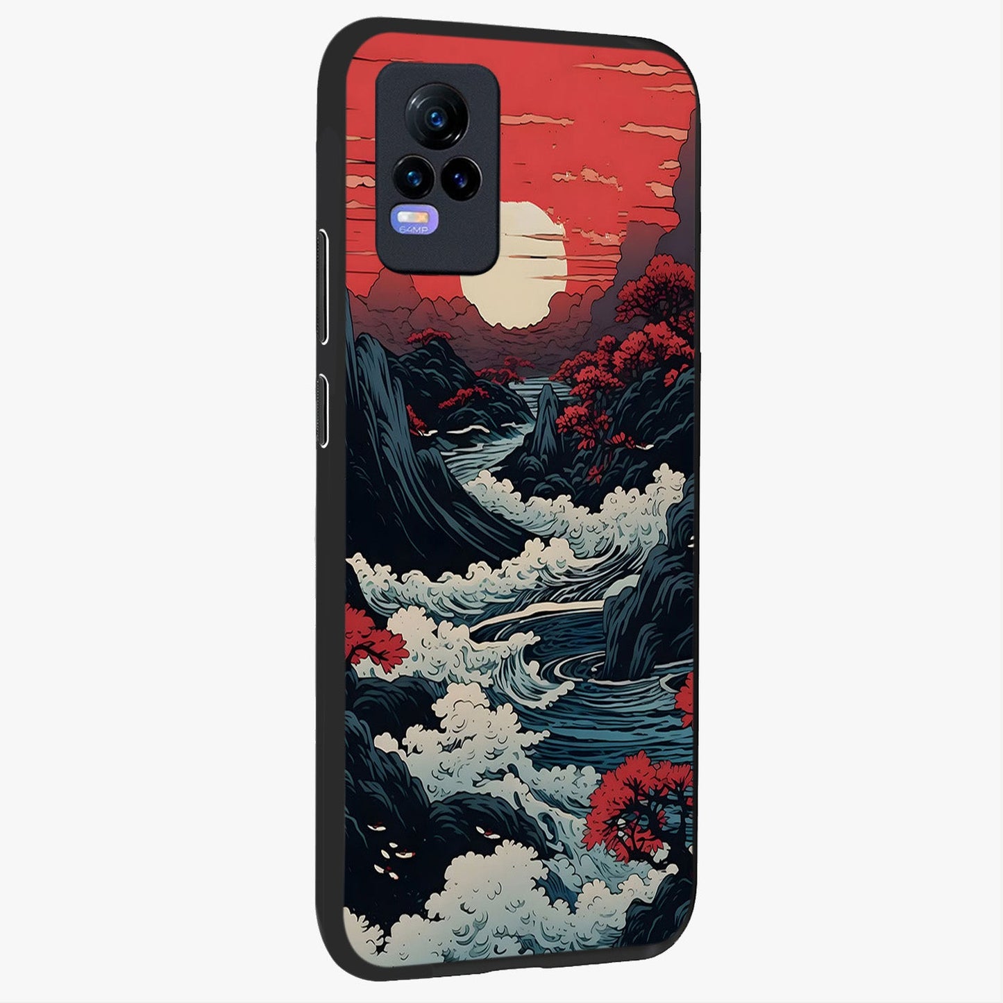 Red Sunset Scenery Glass Case upright view showcasing dramatic sunset scenery artwork with warm nature theme.