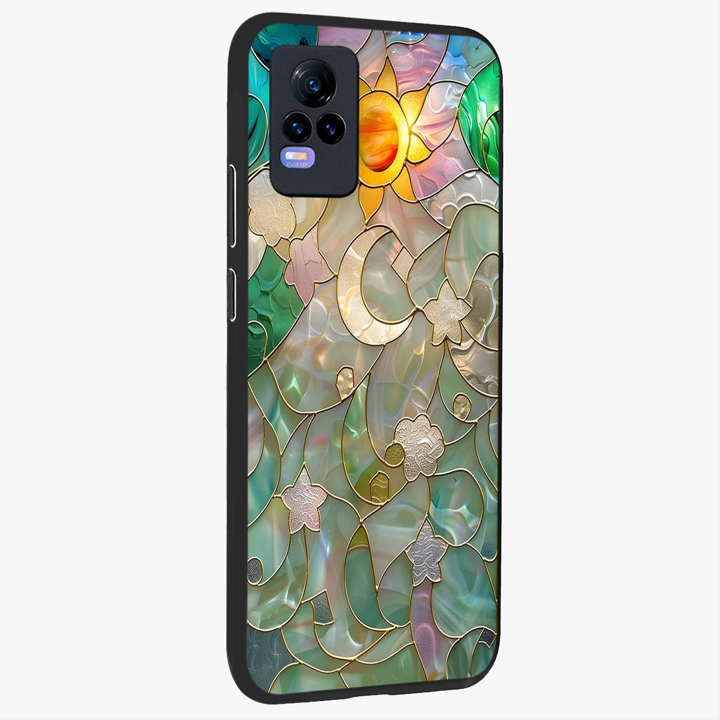 Stained Sunrise Glow Glass Case upright view showcasing colorful sunrise artwork with warm morning theme.