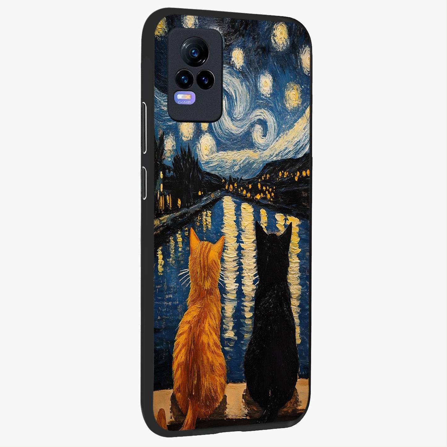 Starry River Cats Glass Case upright view showcasing adorable cat artwork with magical river and stars theme.