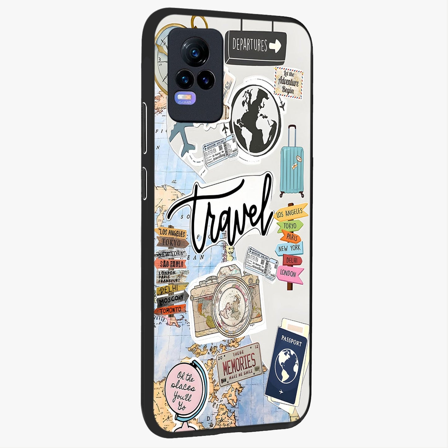 Wanderlust Journal Glass Case upright view showcasing wanderlust inspired artwork with creative exploration theme.