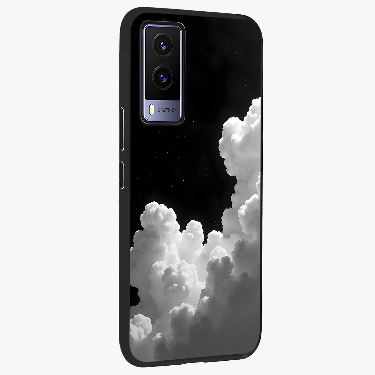 Black Background With White Cloud Glass Case upright view showcasing calm cloud aesthetic with modern minimal style.