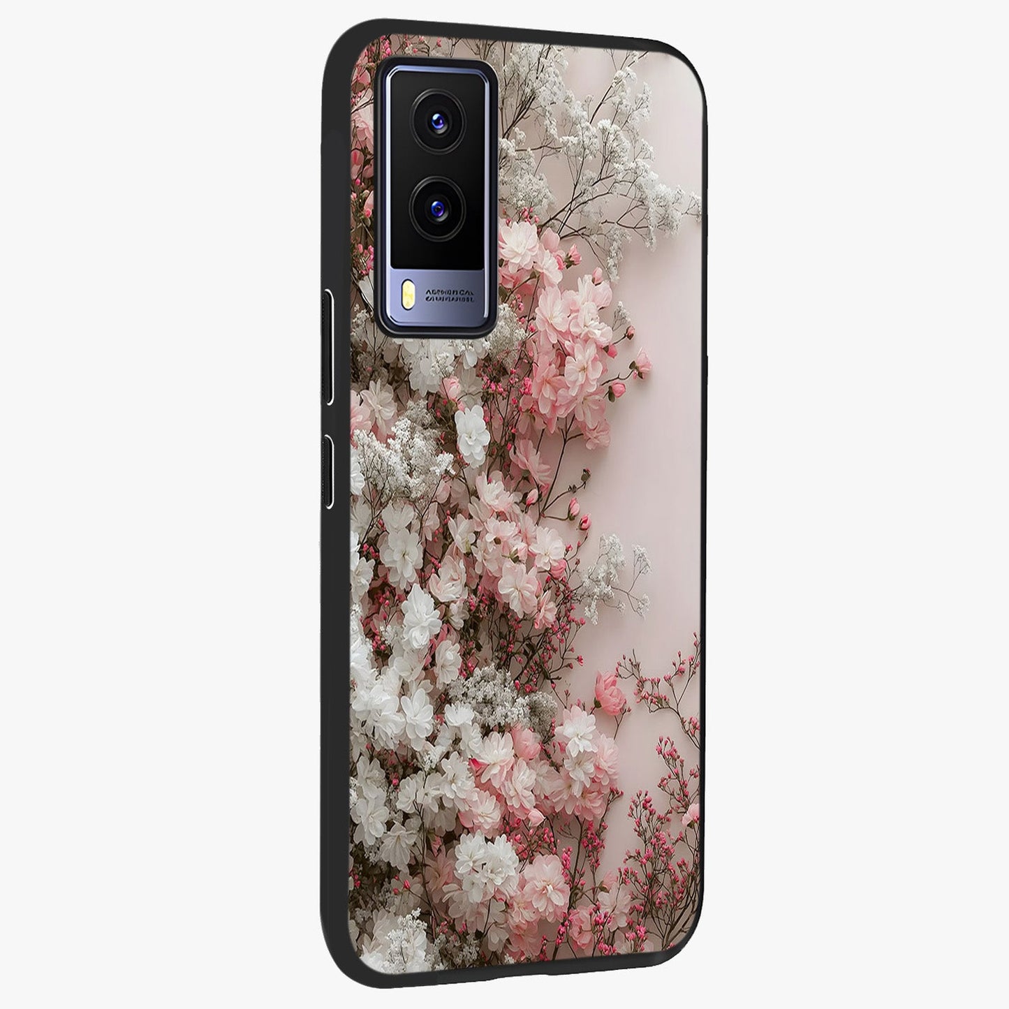 Blush Blossom Cloud Glass Case upright view showcasing calm floral cloud artwork with gentle dreamy theme.