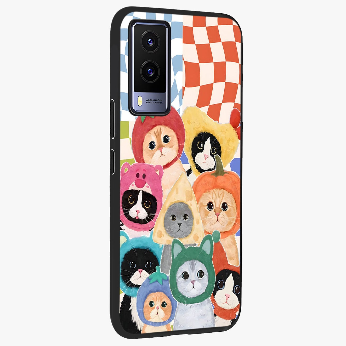 Cats in Fruits Glass Case upright view showcasing charming cat artwork with fun fruity theme.