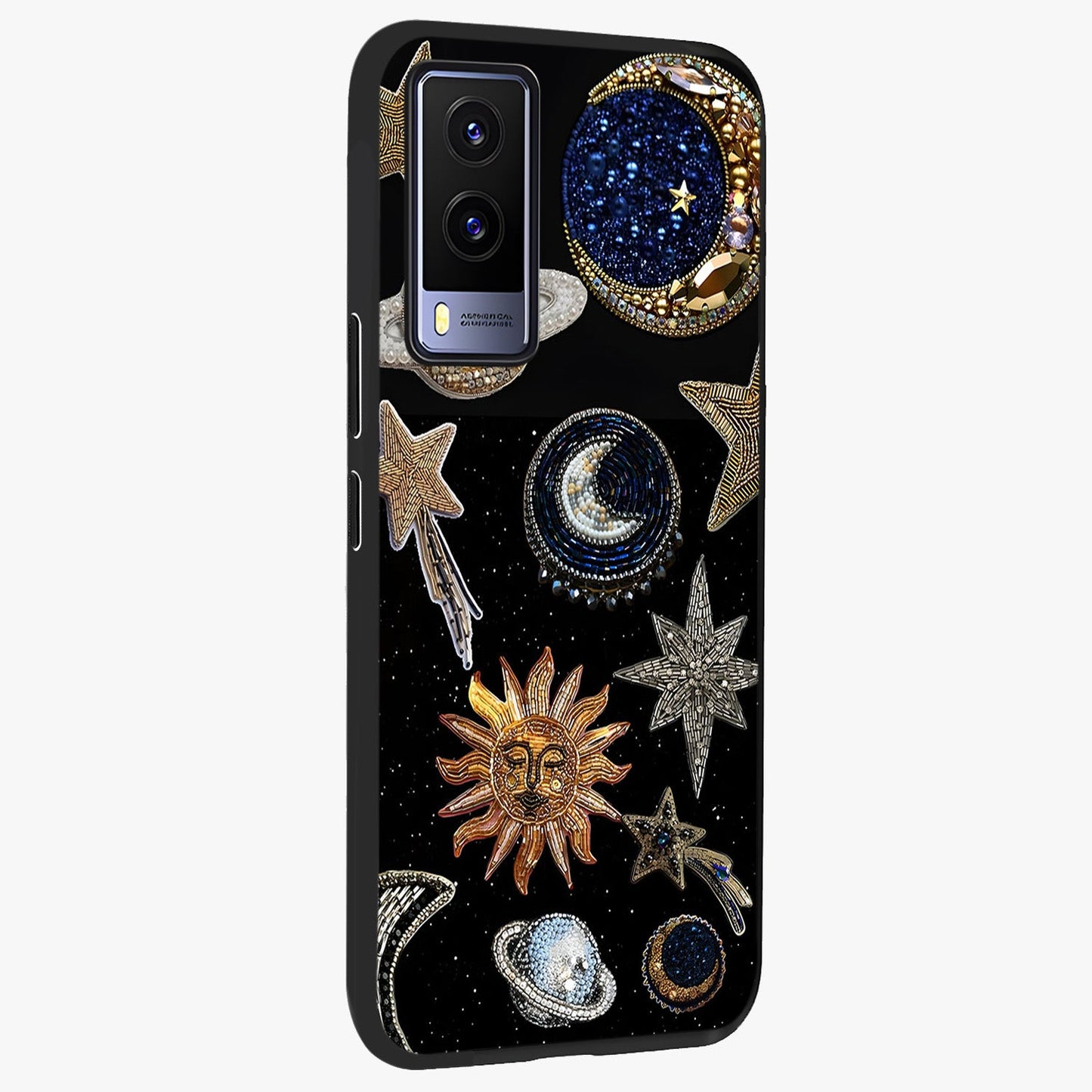 Celestial Gem Constellations Glass Case upright view showcasing cosmic constellation artwork with celestial aesthetic style.